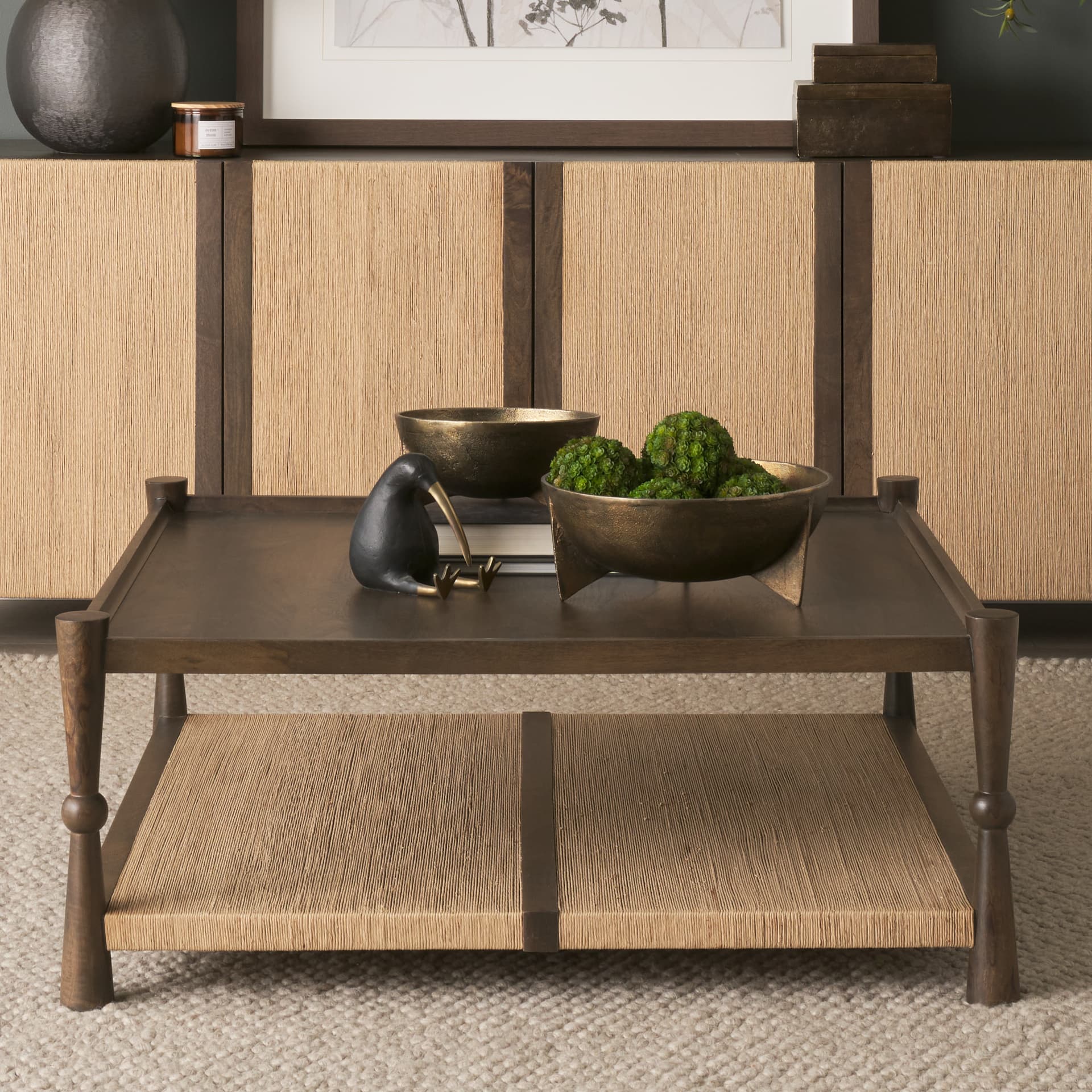 Bondi 42" Dark Brown Wood w/ Paper Rope Shelf Square Coffee Table — in a styled room