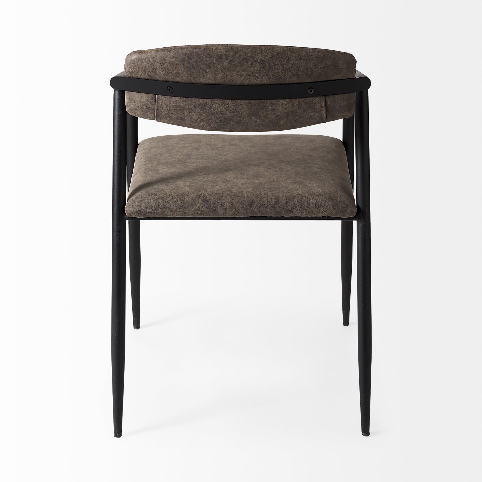 Langston Open Back Dining Arm Chair | Brown Faux Leather w/ Black Iron — product photograph