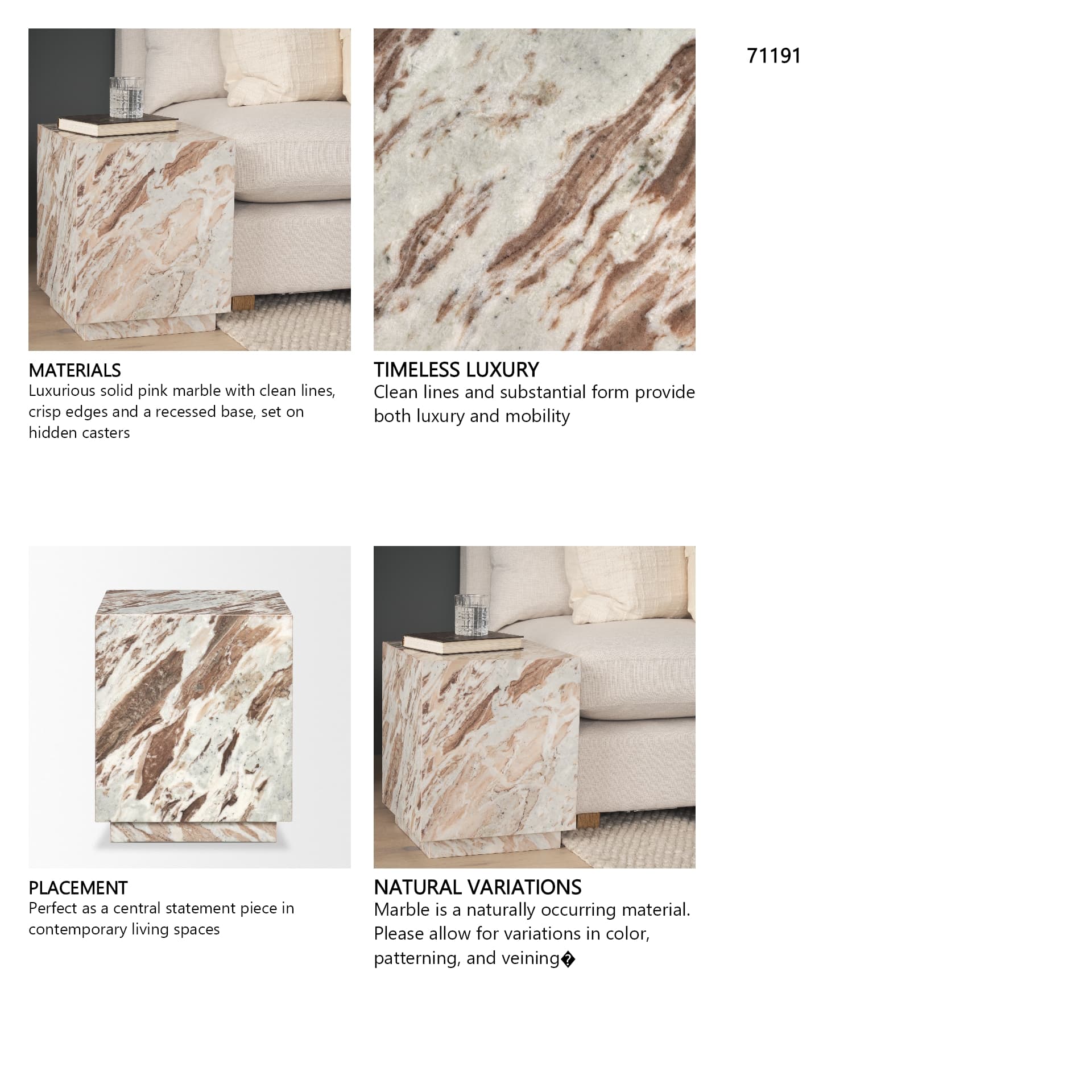 Matteo Solid Pink Marble Square Side Table — in a styled room