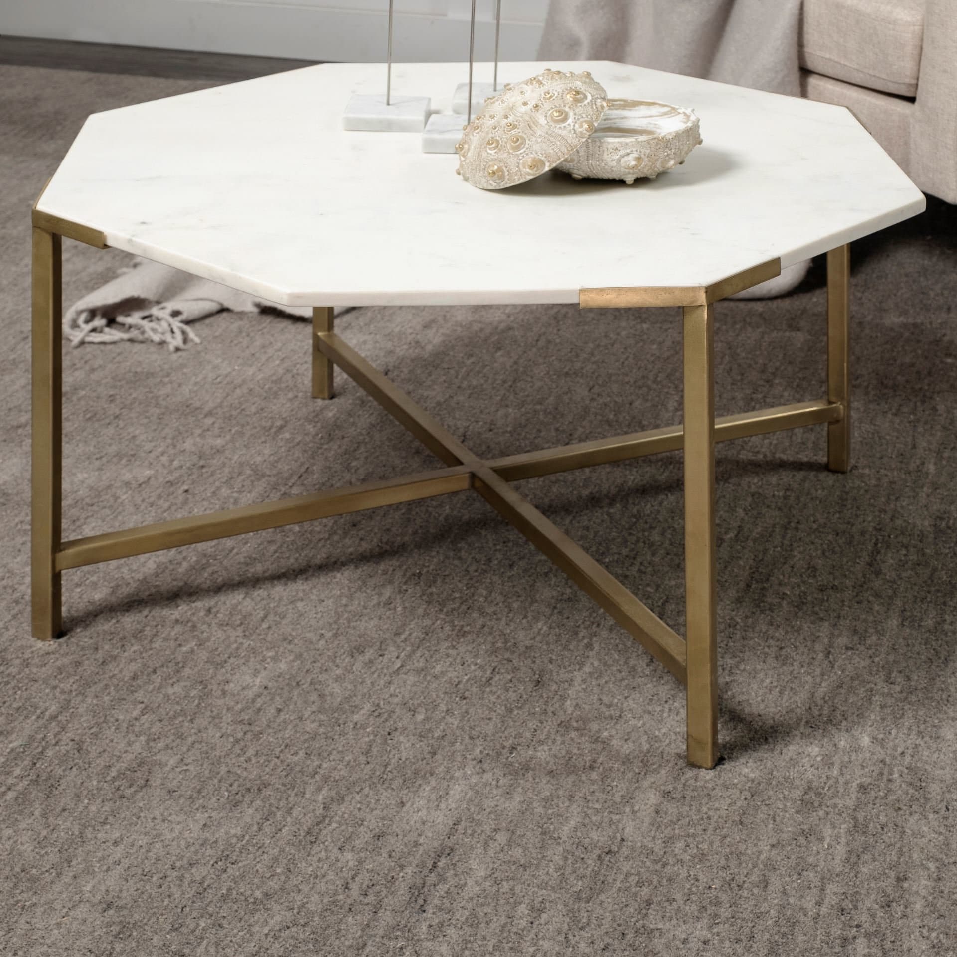 Vincent 33" Octagonal White Marble Tabletop w/ Gold Metal Base Coffee Table — product photograph