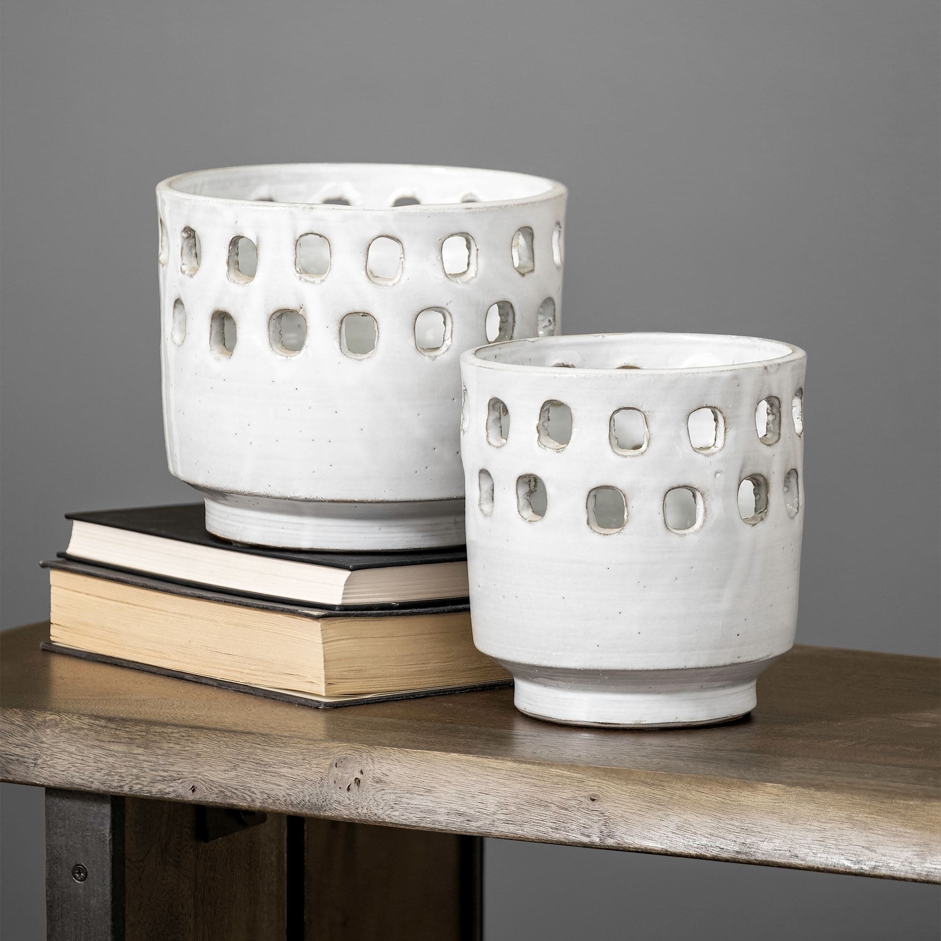 Larissa Set of Two White Ceramic Hollow Pattern Vases — product photograph