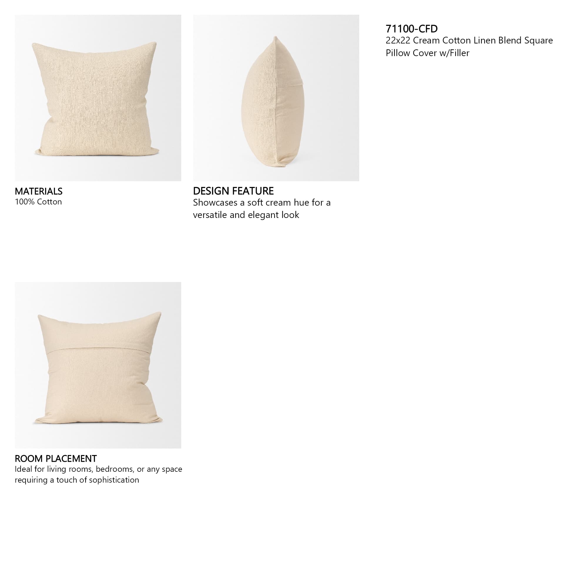 Jenner 22x22 Cream Cotton Linen Blend Square Pillow Cover w/Filler — in a styled room