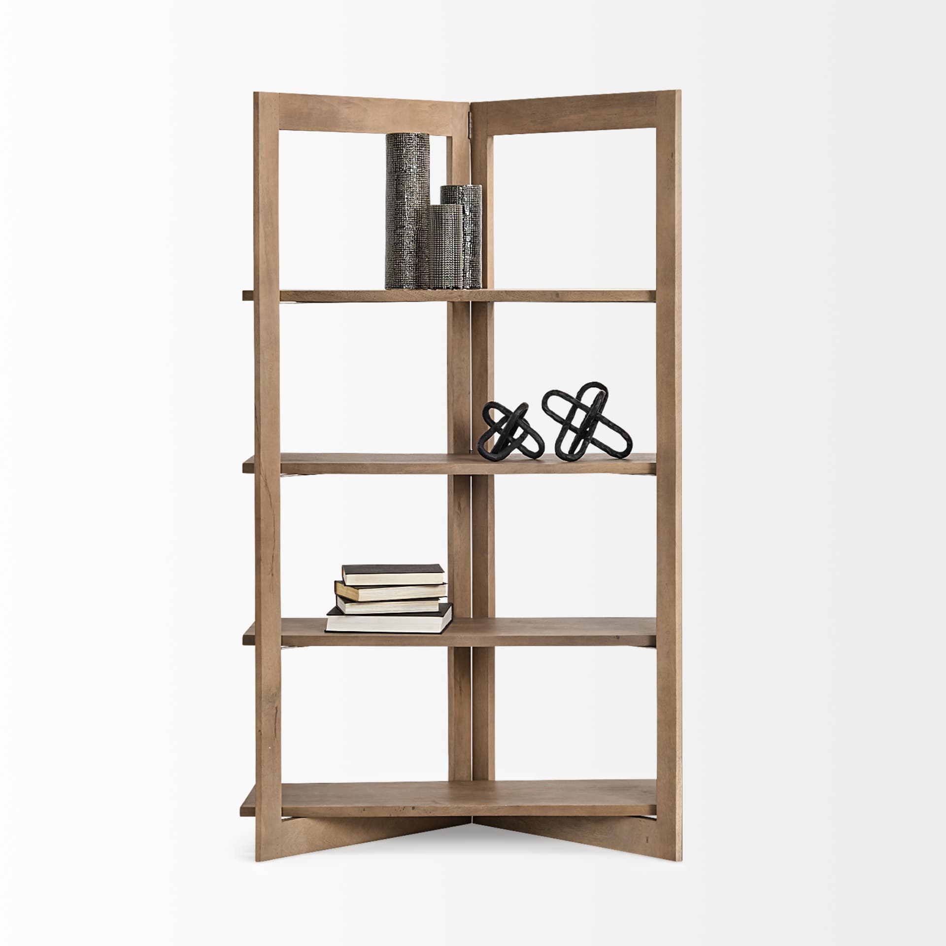 Turnbull I 42L x 16W x 72H Light Brown Wood Four Shelf Shelving Unit — in a styled room