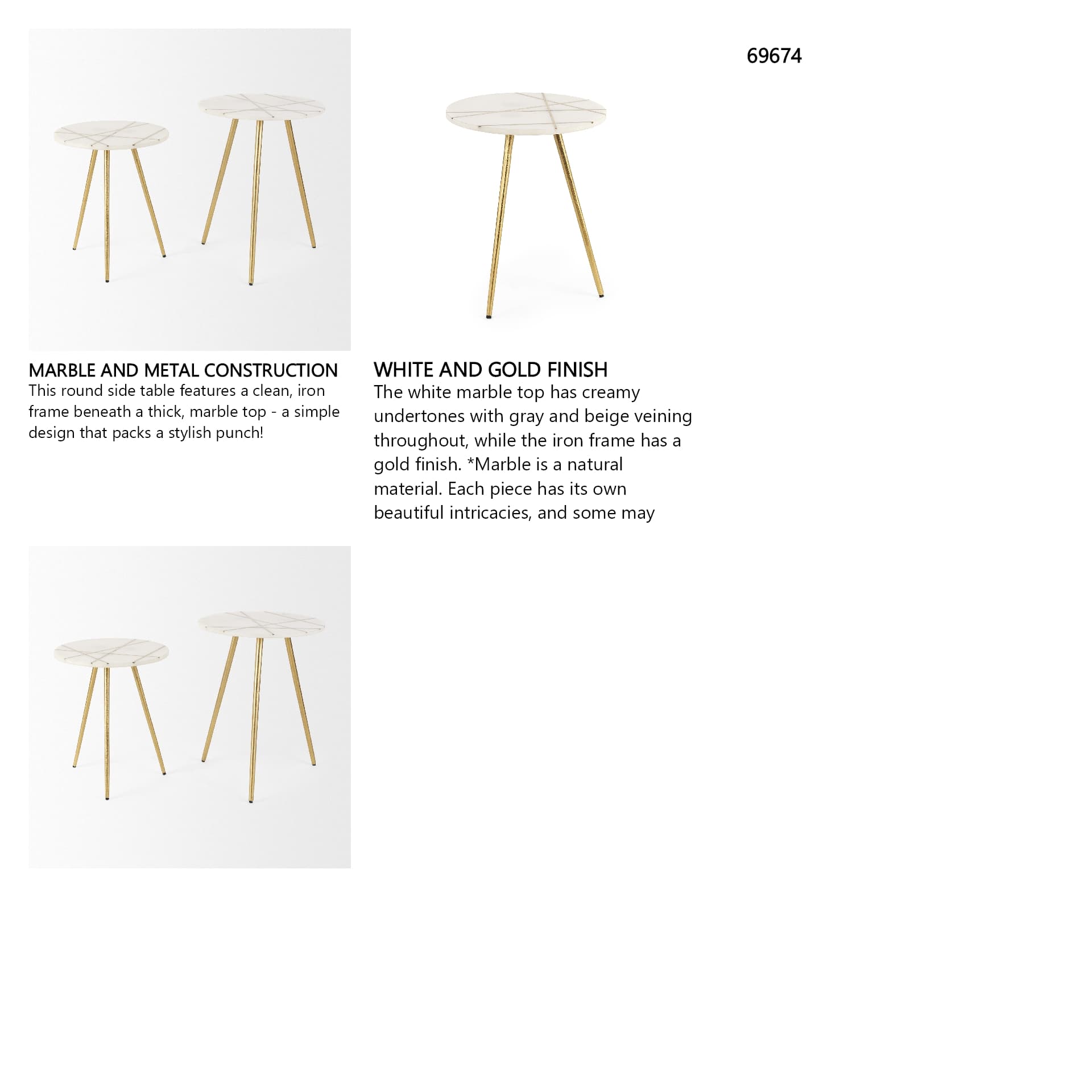 Vivienne 16.0L x 16.0W x 19.0H White Marble W/Antique Gold Metal Round Small Side Table — in a styled room