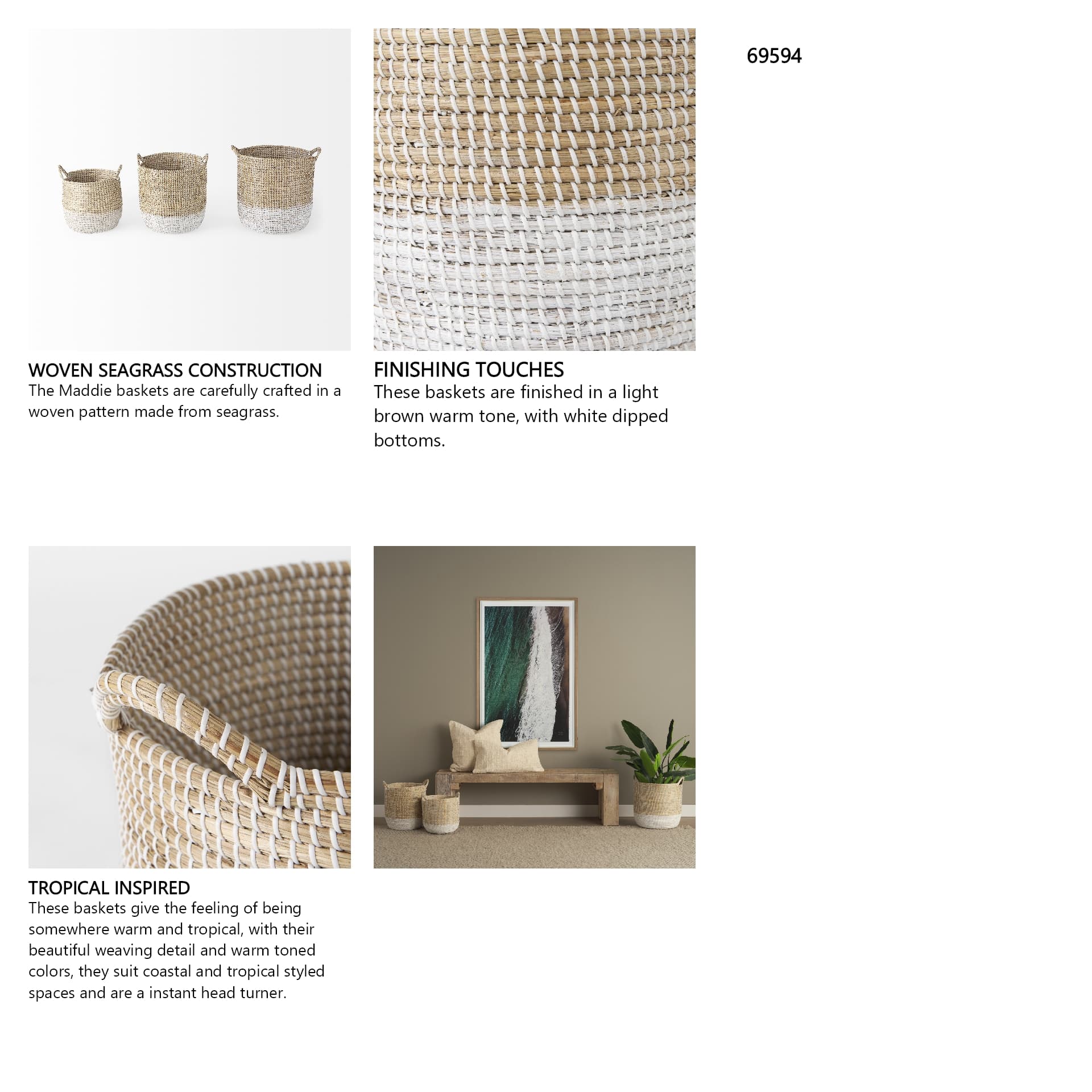 Maddie (Set of 3) Light Brown W/White Dipped Seagrass Round Basket W/ Handles — in a styled room
