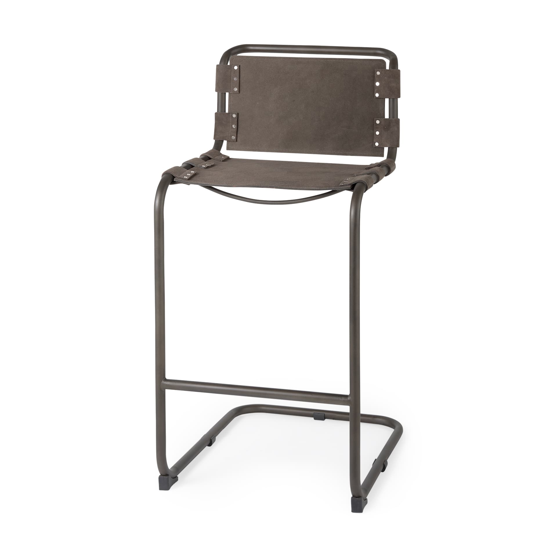 Berbick Backless 43in Seat Bar Stool | Brown/Gray Suede w/ Gray Metal — product photograph