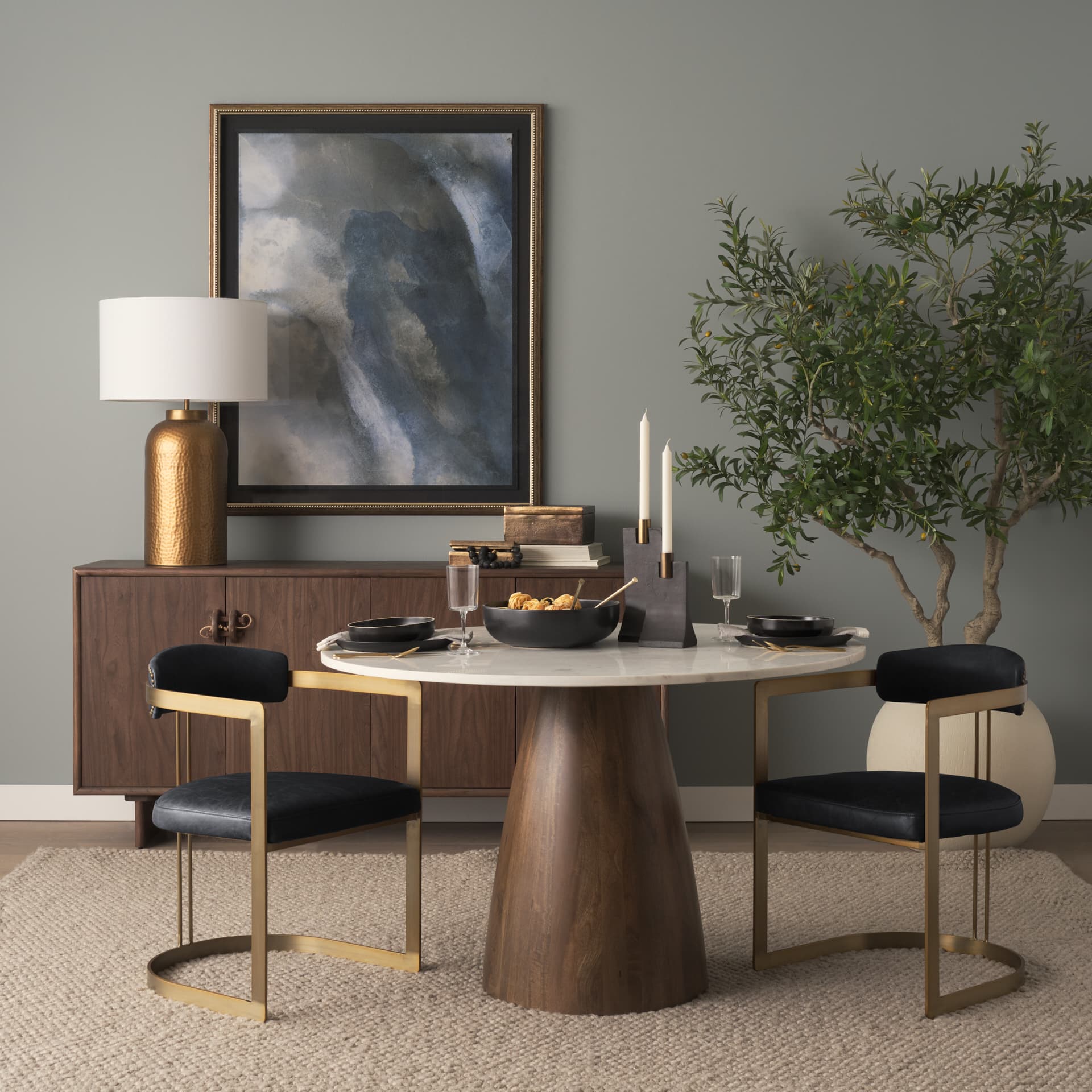 Leo 18.0L x 18.0W x 31.0H Gold Hammered W/White Fabric Shade Table Lamp — in a styled room