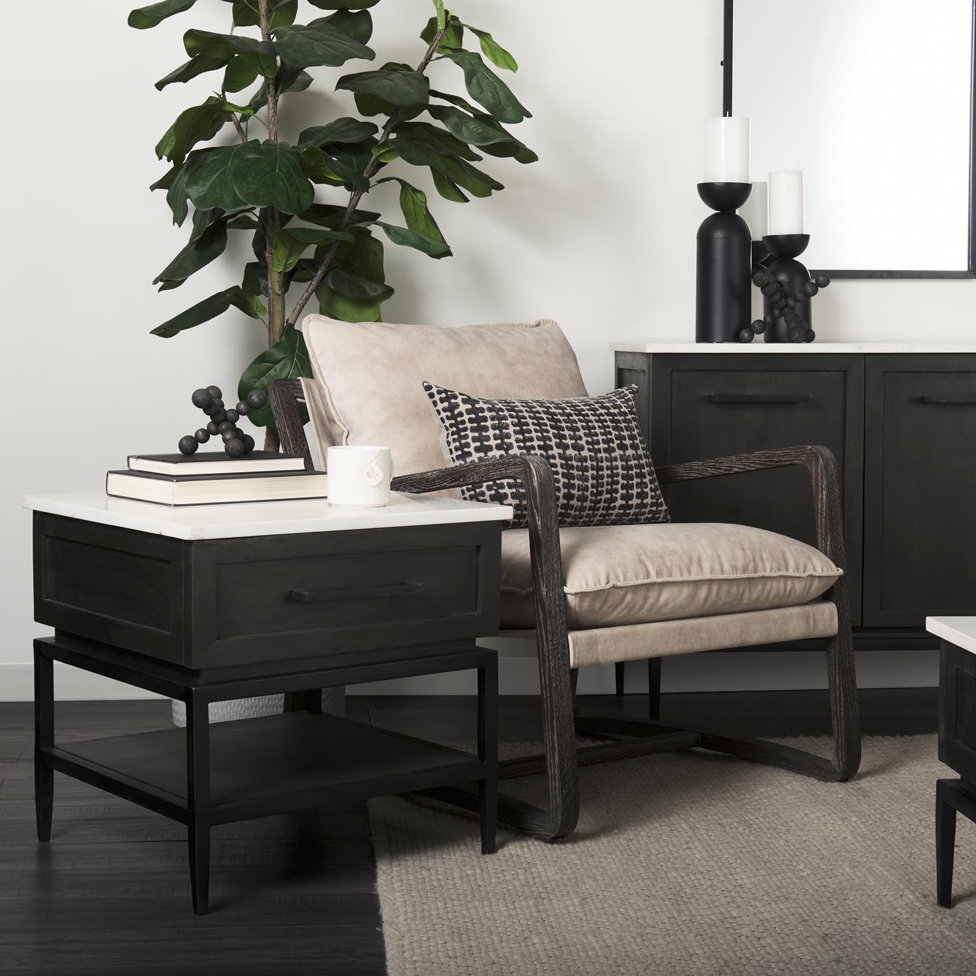 Divina Black-Brown Wood w/ White Marble Top and Black Metal Base 1 Drawer Side Table — product photograph