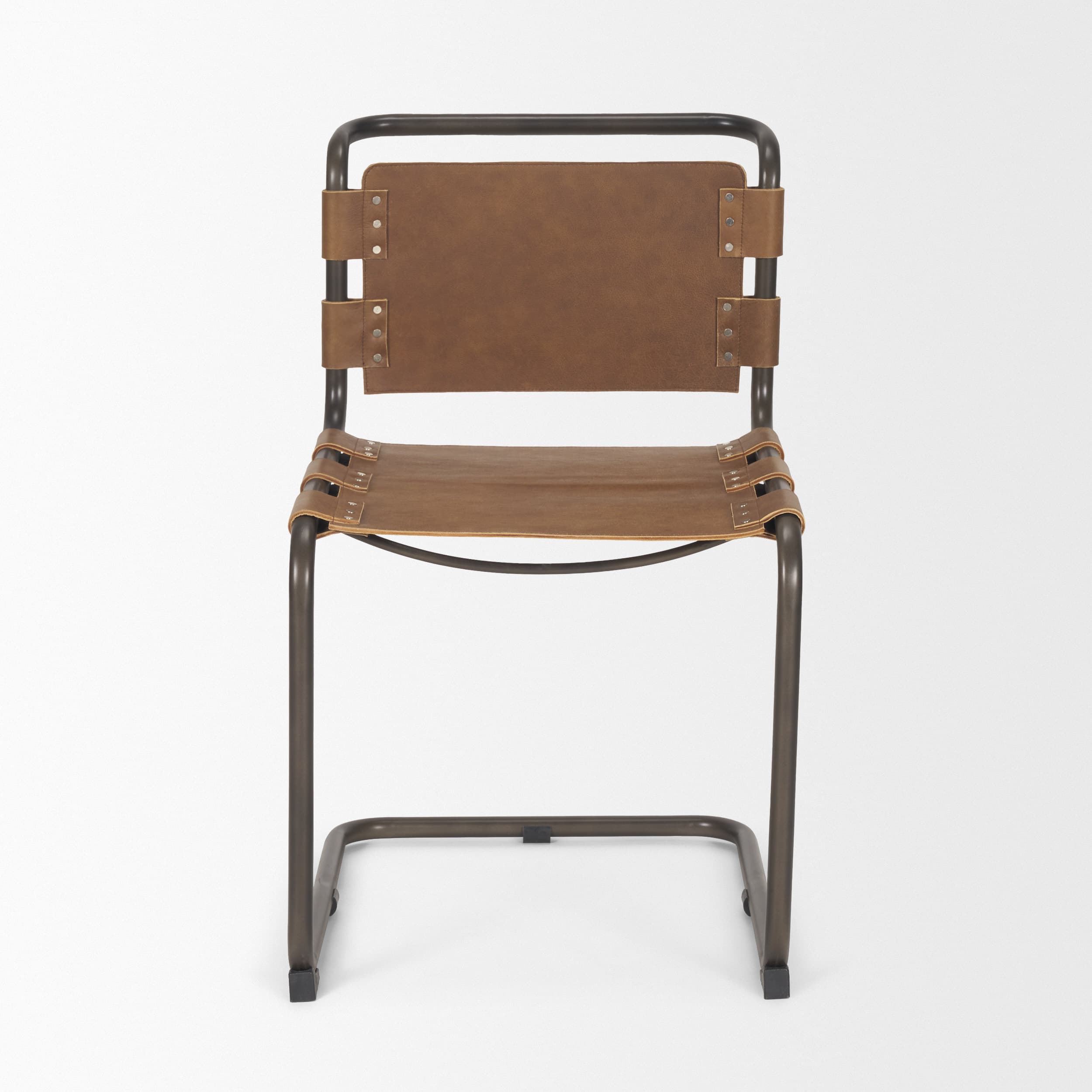 Berbick Open Back Dining Side Chair | Medium Brown Leather w/ Iron — product photograph