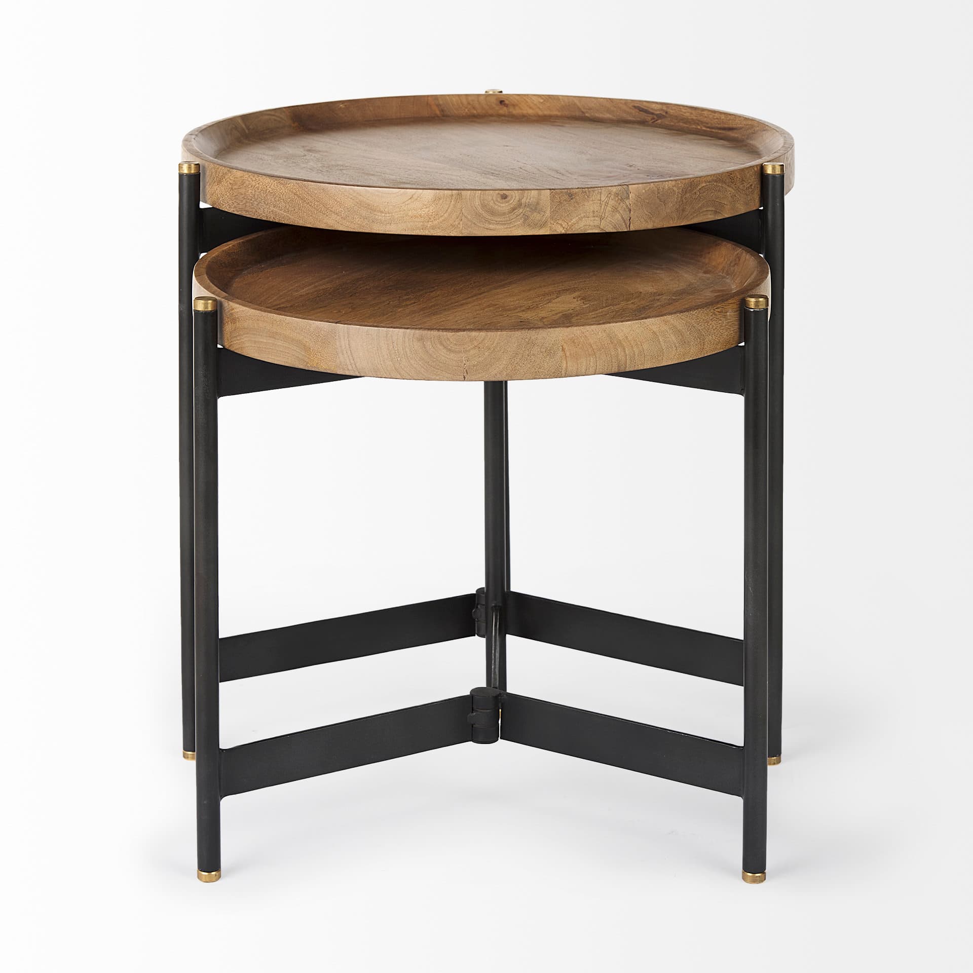 Marquisa (Set of 2) 22.5L x 22.5W x 20.8H Light Brown Wood W/ Black Metal Base Nesting Side Tables — product photograph