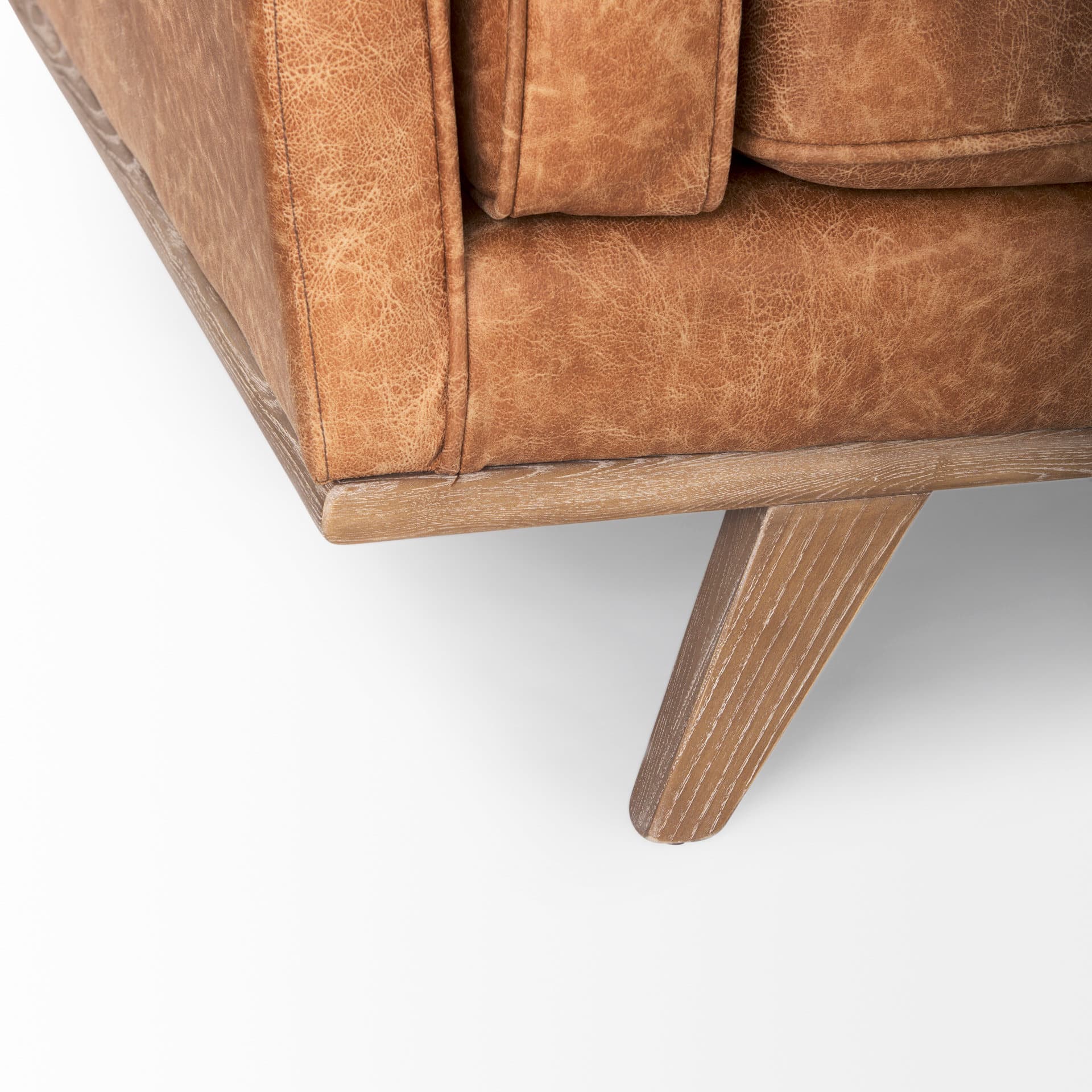 Brooks 90.2L x 34.8W x 33.5H Cognac Brown Faux Leather Three Seater Sofa W/ Medium Brown Wooden Legs — product photograph