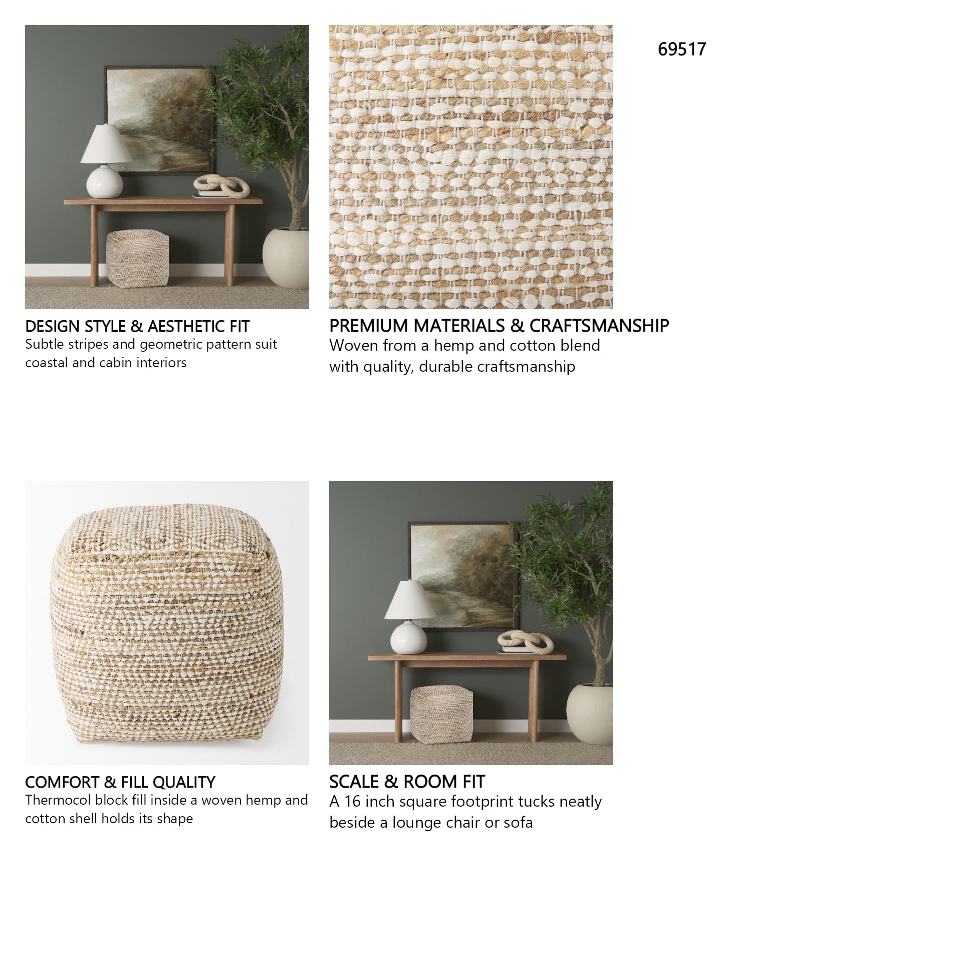 Ekani 16.0L x 16.0W x 16.0H Cream/Beige Cotton Pouf — in a styled room