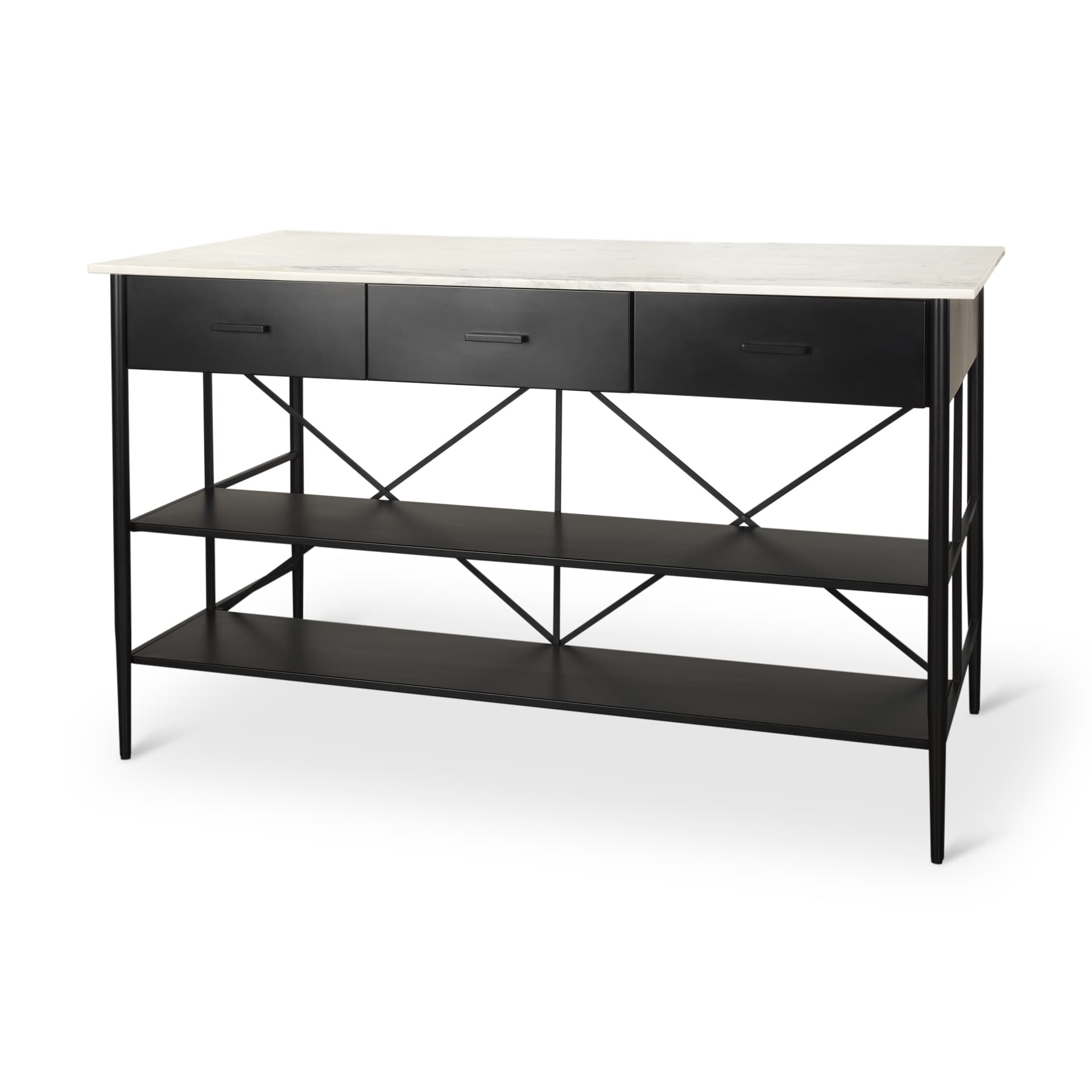 Amika White Marble Top Black Metal Base Kitchen Island — product photograph