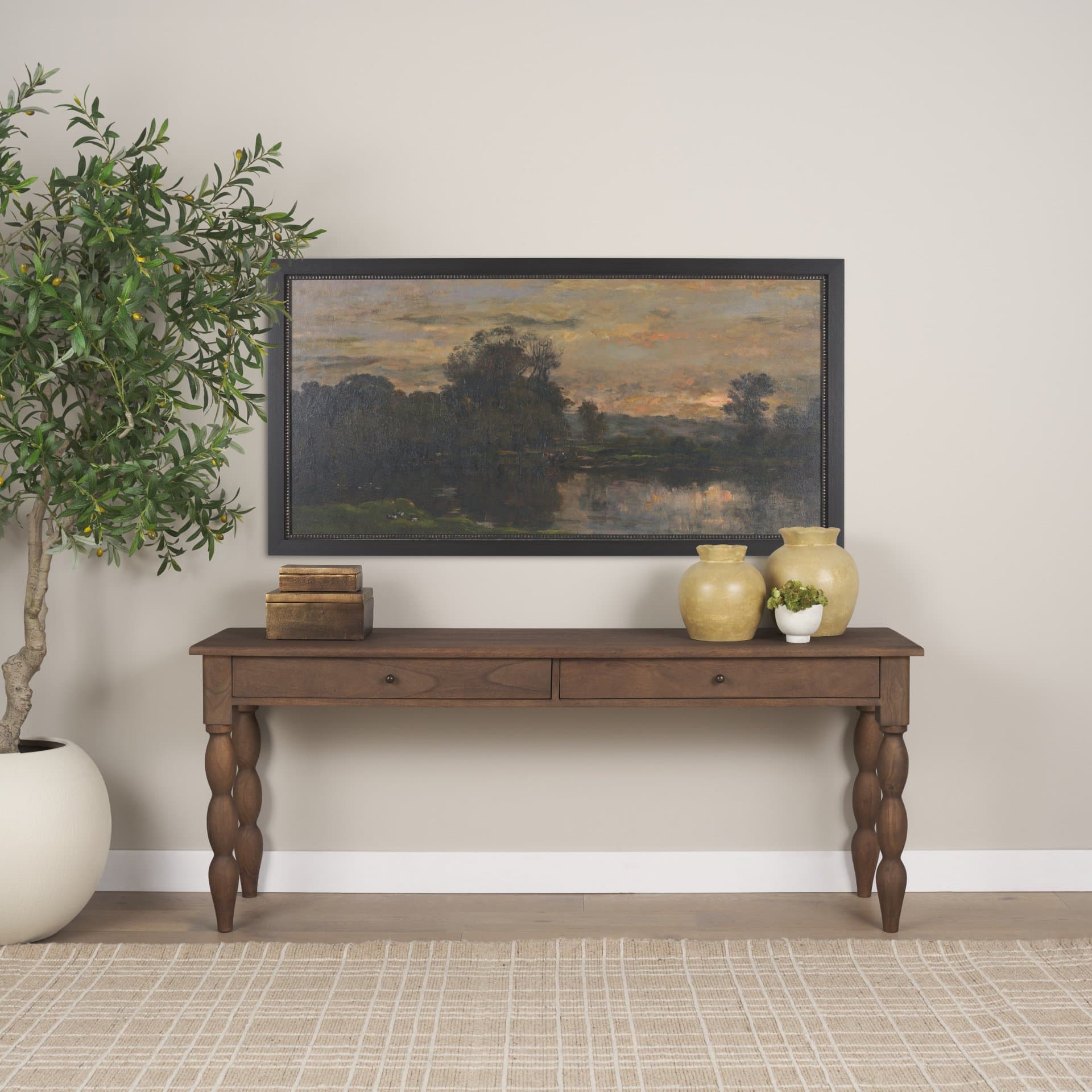 A River Landscape with Storks by Charles-Francois Daubigny Textured Framed Artwork Matted — in a styled room