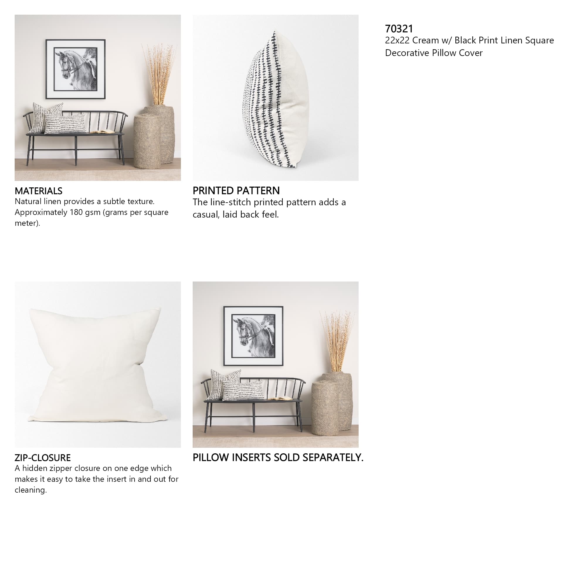 Jenna 22x22 Cream w/ Black Print Linen Square Decorative Pillow Cover — in a styled room
