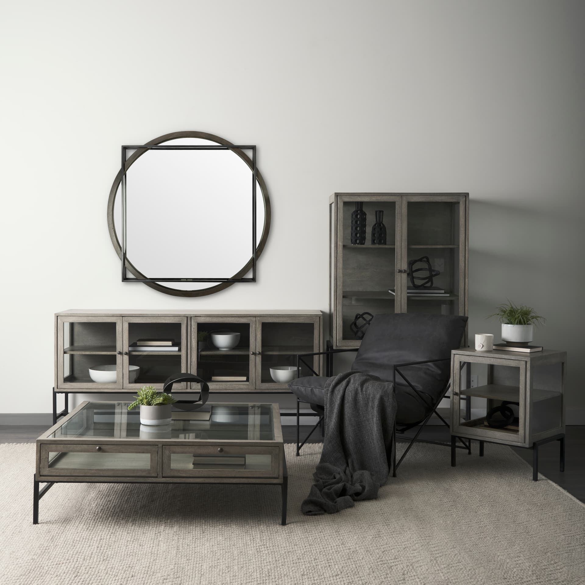 Norbert 46" Round-Square Black Wood/Metal Frame Mirror — product photograph