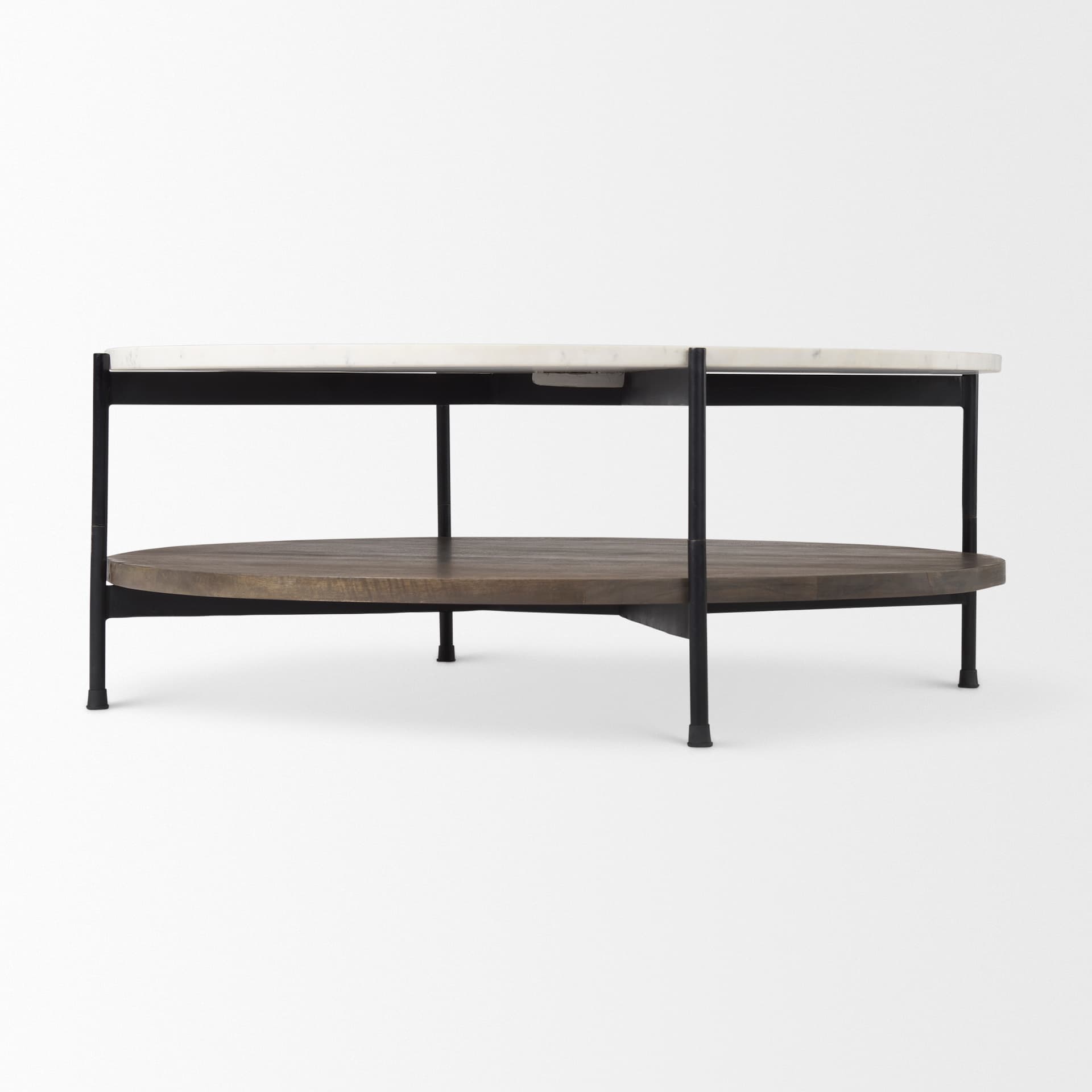 Larkin 42" Round Two-Tier White Marble Top and Solid Wood Shelf w/ Black Metal Frame Coffee Table — product photograph