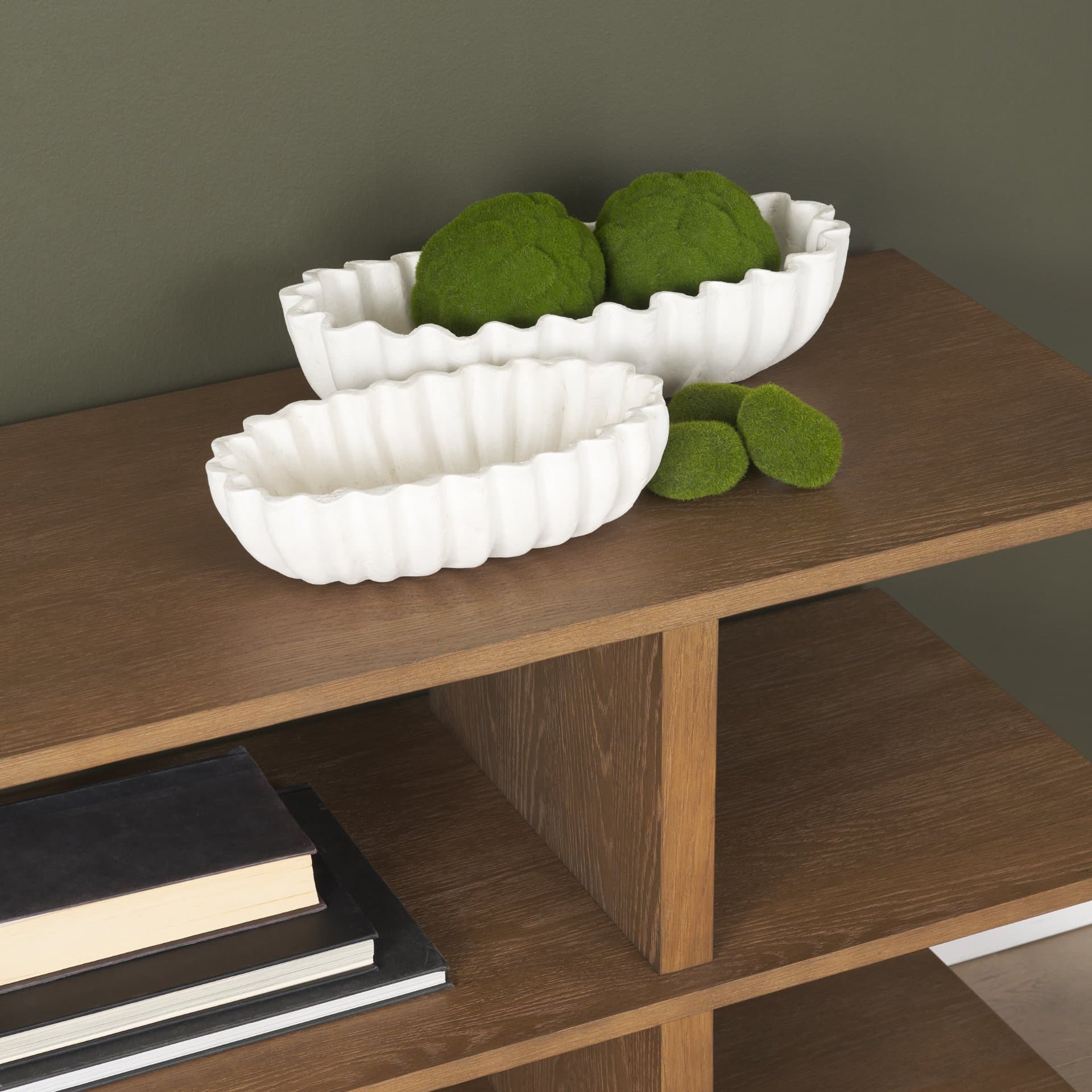 Camelia Large Fluted White Paper Mache Round Centerpiece Bowl — in a styled room