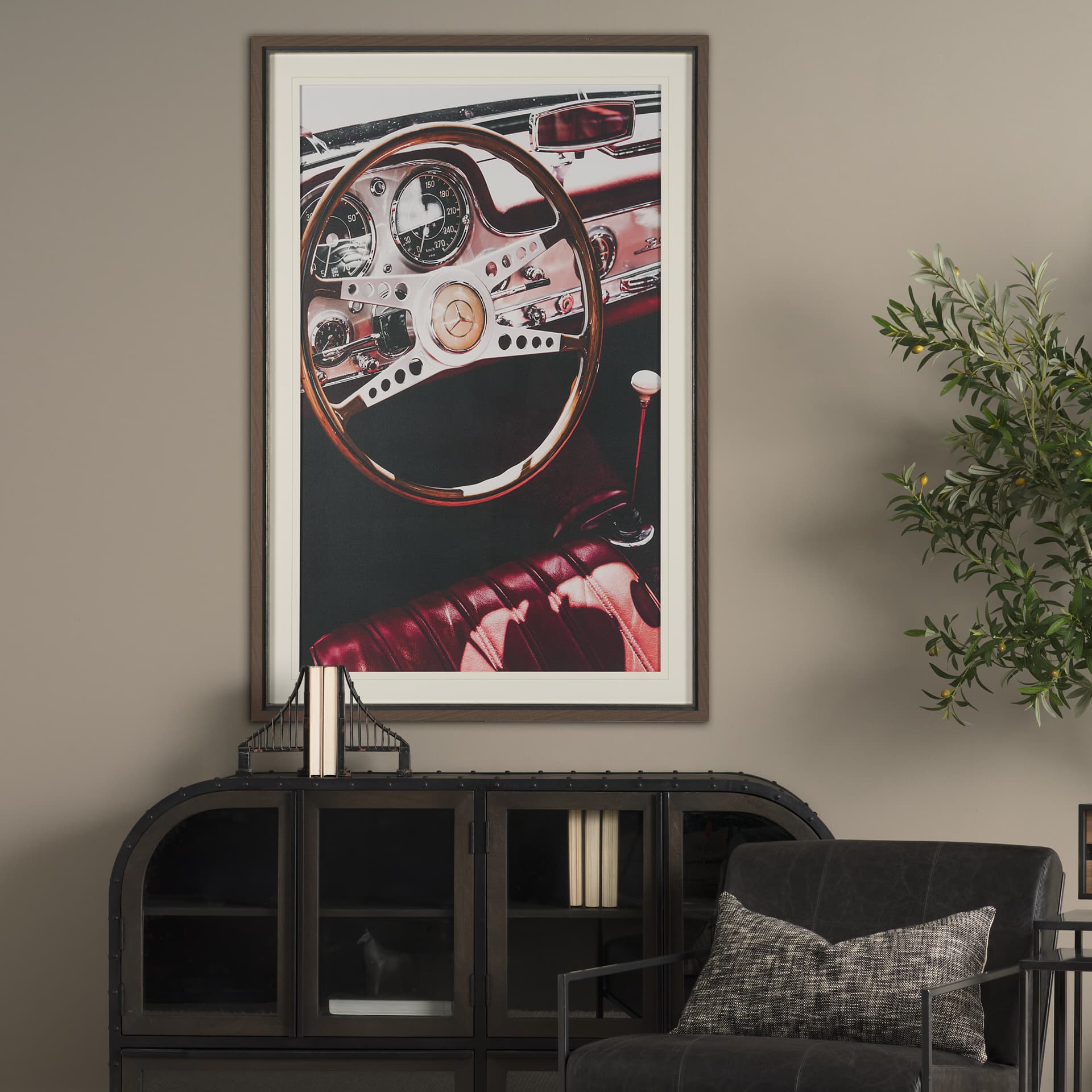 Vintage Car by Magda Izzard Textured Framed Art Print Matted under Glass — in a styled room