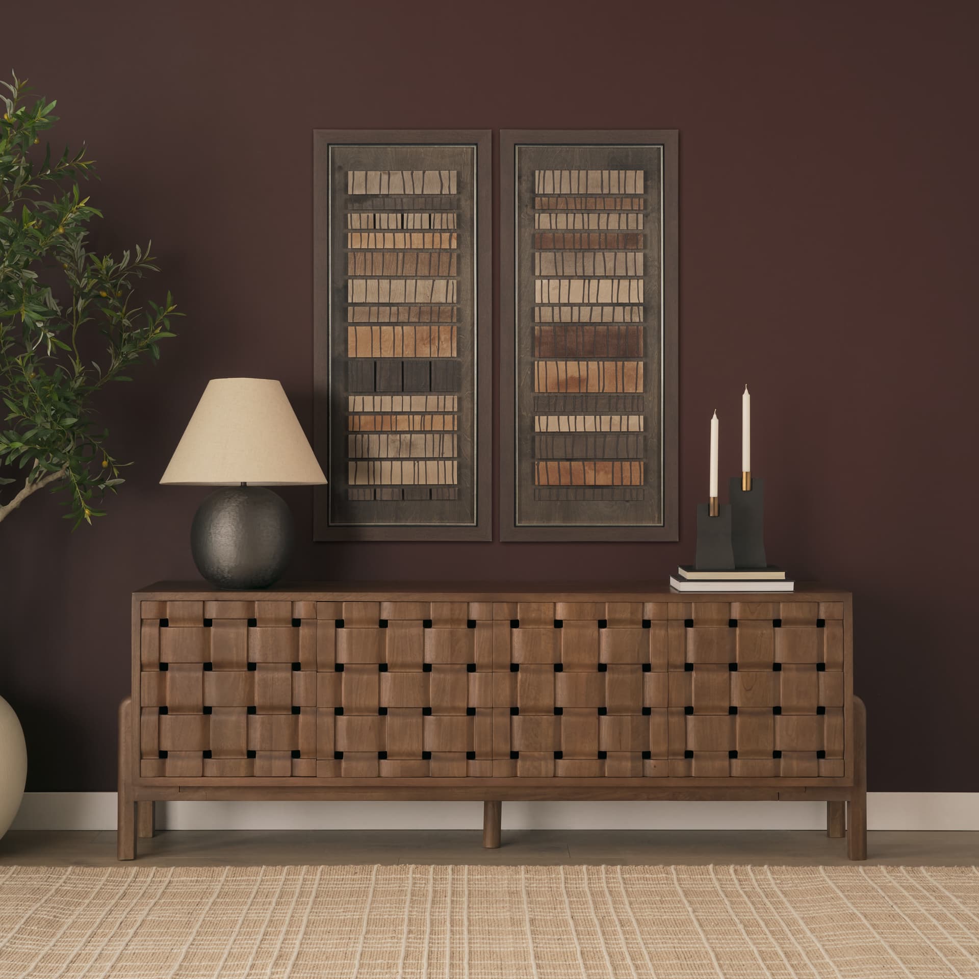 Timber Mosaic IV by Mercana Studio Handmade Original Framed Artwork Matted — in a styled room