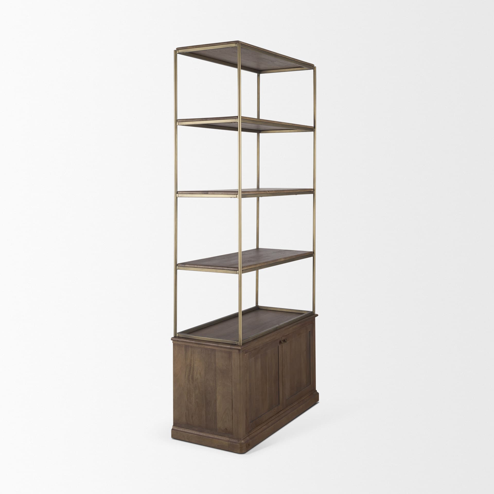 Baron Dark Brown Wood w/ Antiqued Aged Brass Metal 2-Door Open Shelving Unit — product photograph
