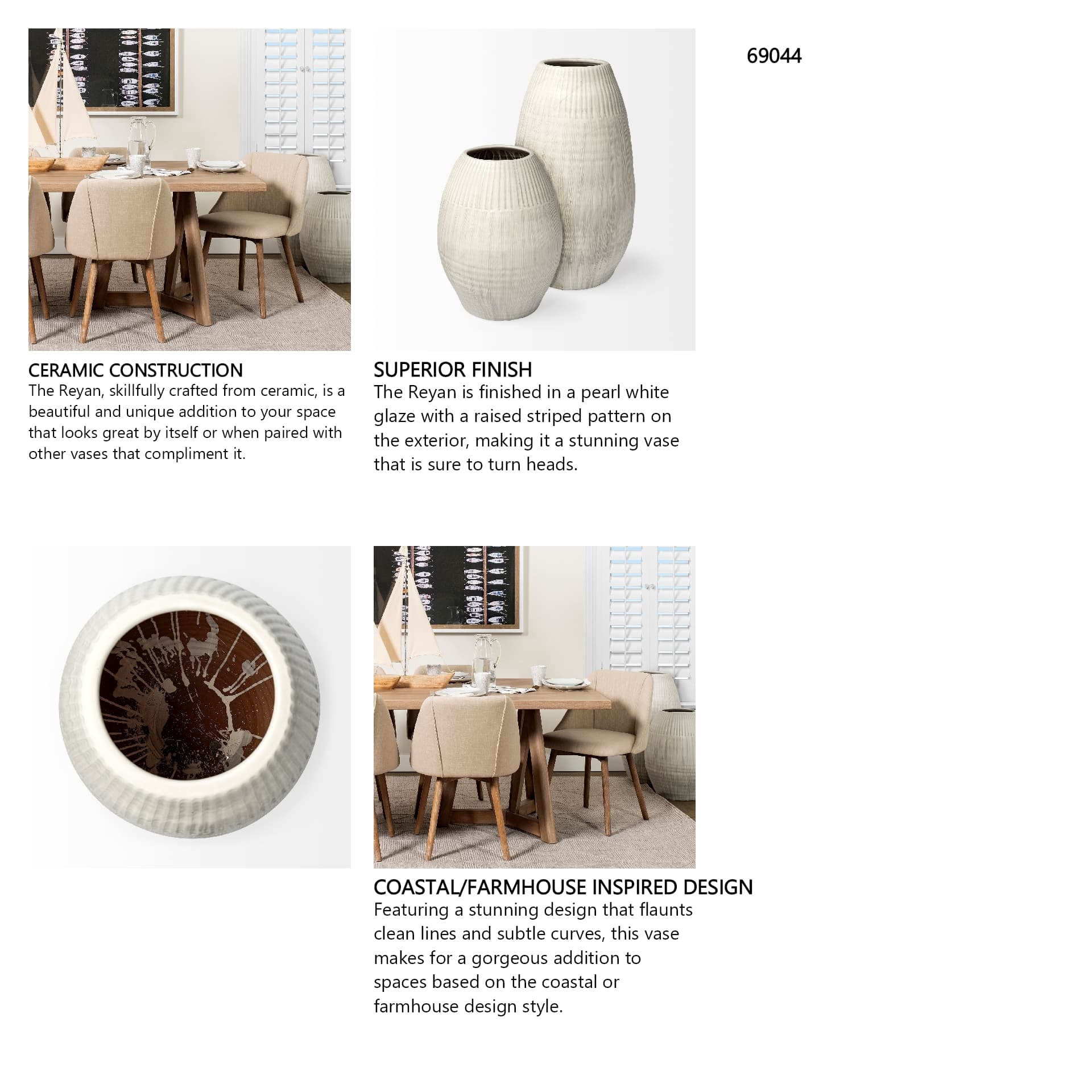 Reyan Small Pearl White Ceramic Striped Vase — in a styled room