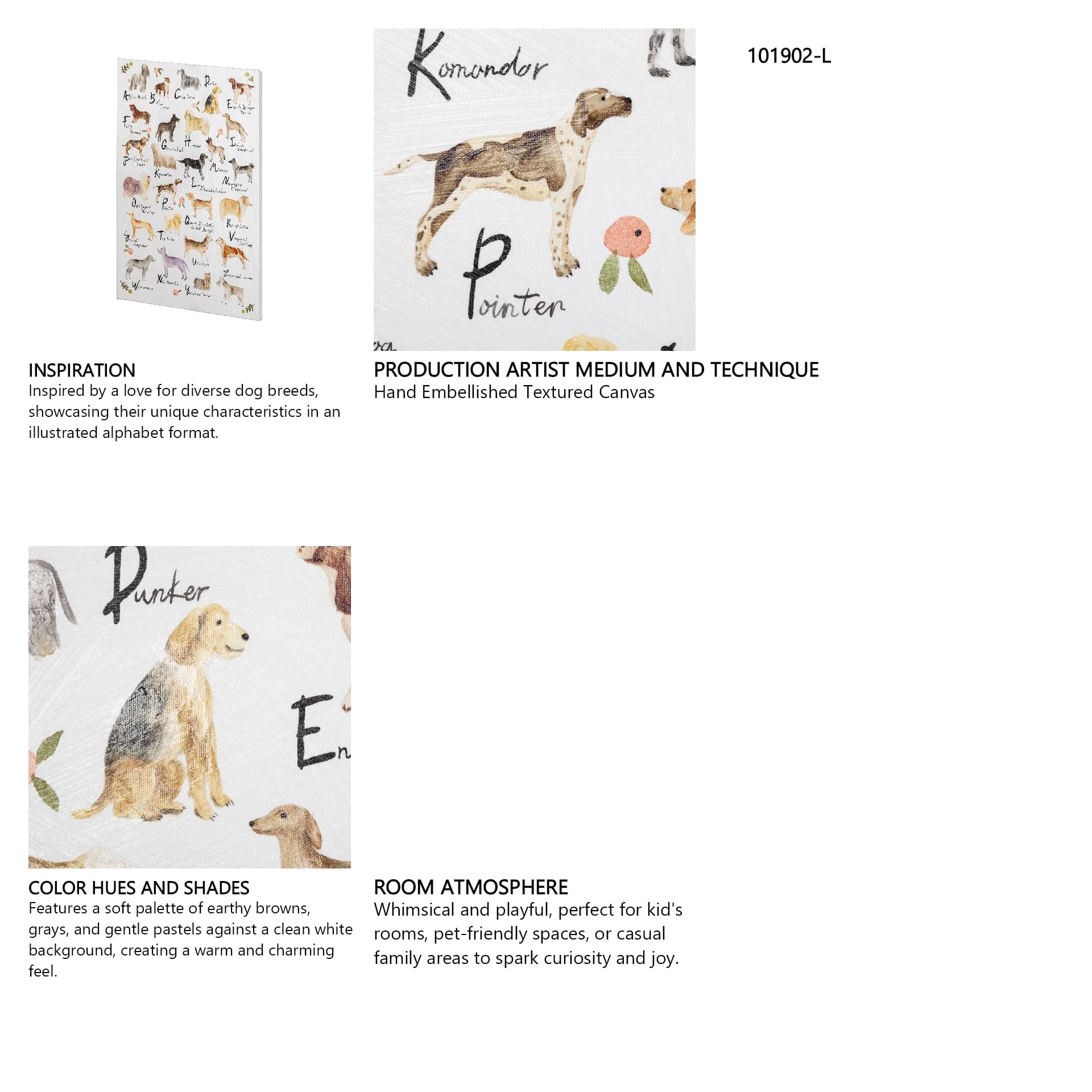 Dog Alphabet by Melissa Wang a Hand Embellished Textured Canvas — in a styled room