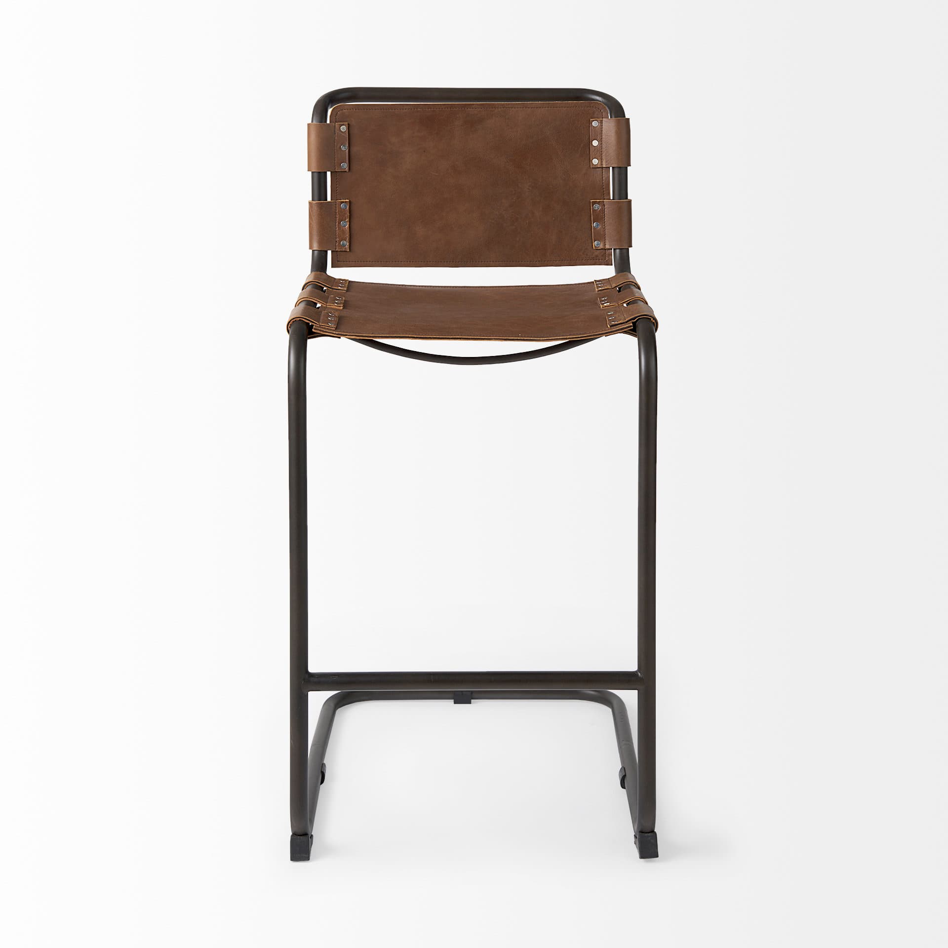 Berbick Low Back 30in Seat Bar Stool | Brown Leather w/ Gray Metal — product photograph