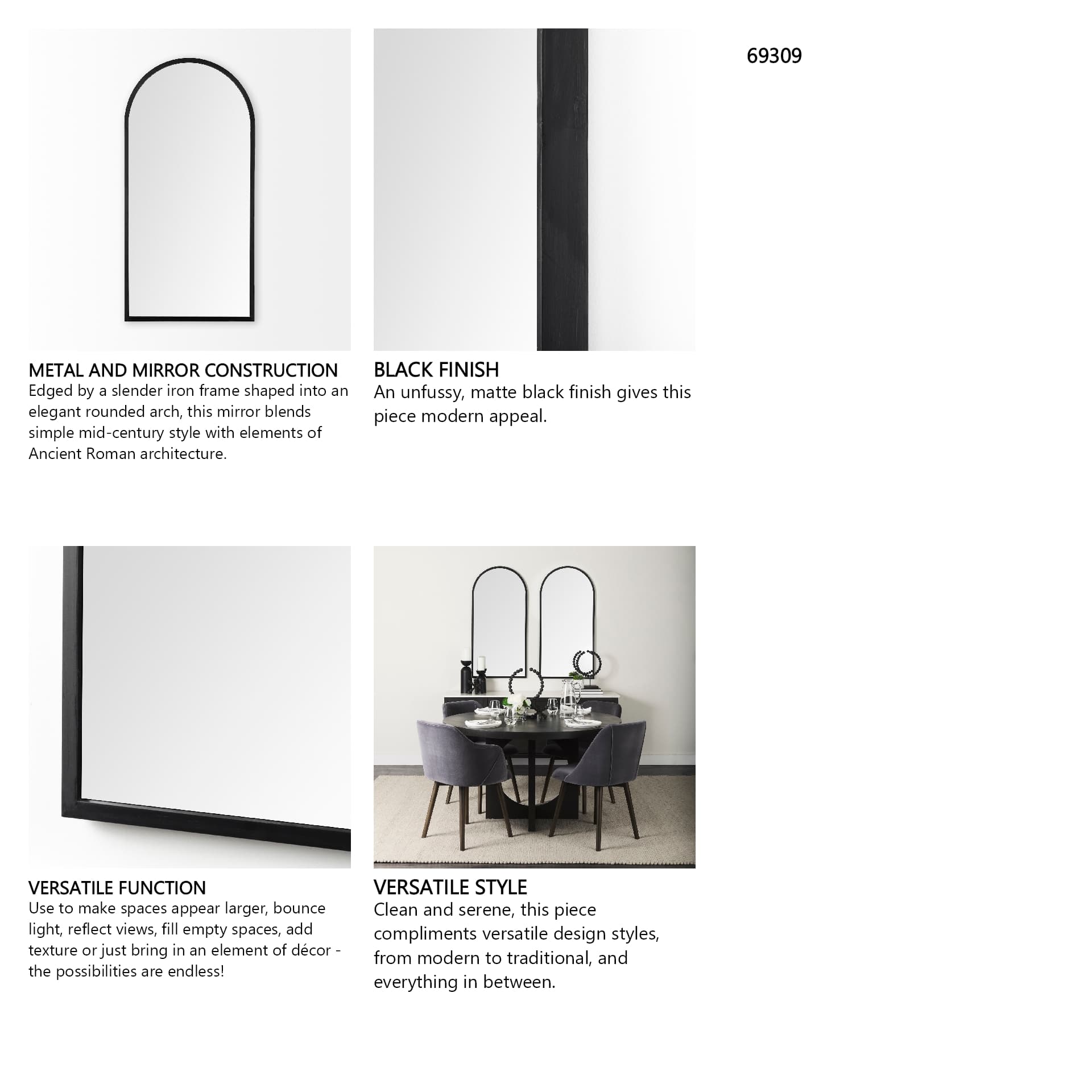 Giovanna 23.6L x 1.2W x 48.8H Black Metal Frame Rounded Arch Vanity Mirror — product photograph