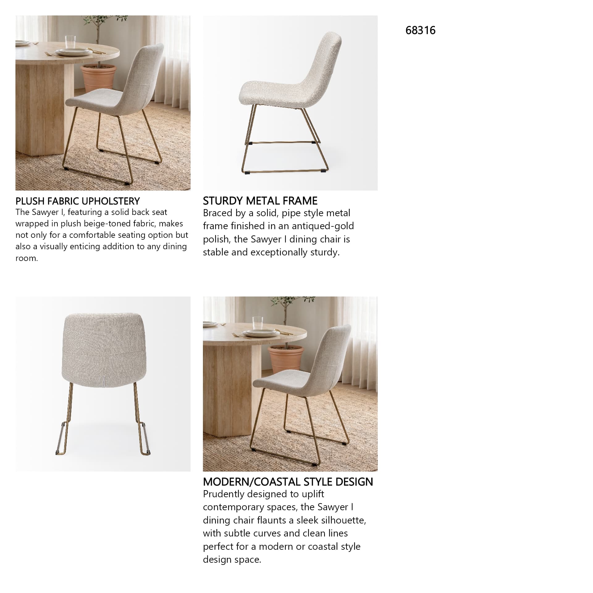 Sawyer Solid Back Dining Side Chair | Beige Fabric w/ Gold Metal — in a styled room