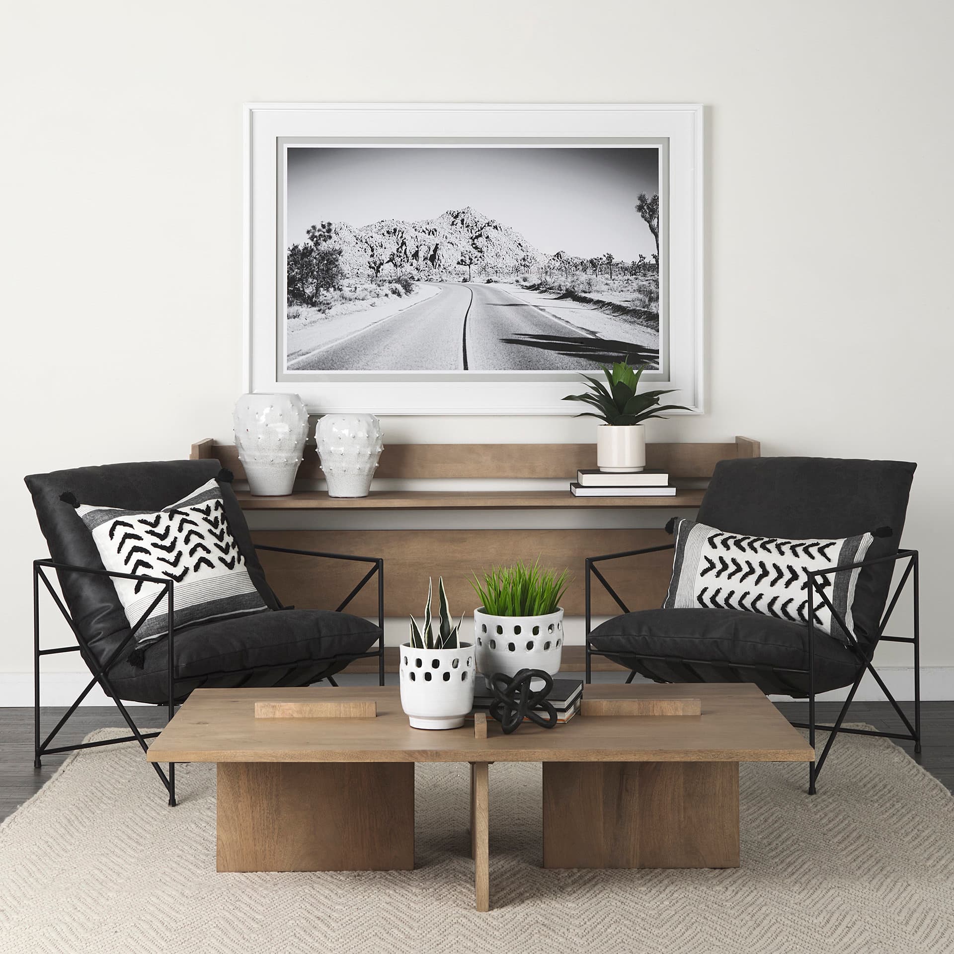 Kimia 20x20 White/Black Fabric Herringbone w/Fringed Pillow Cover — in a styled room