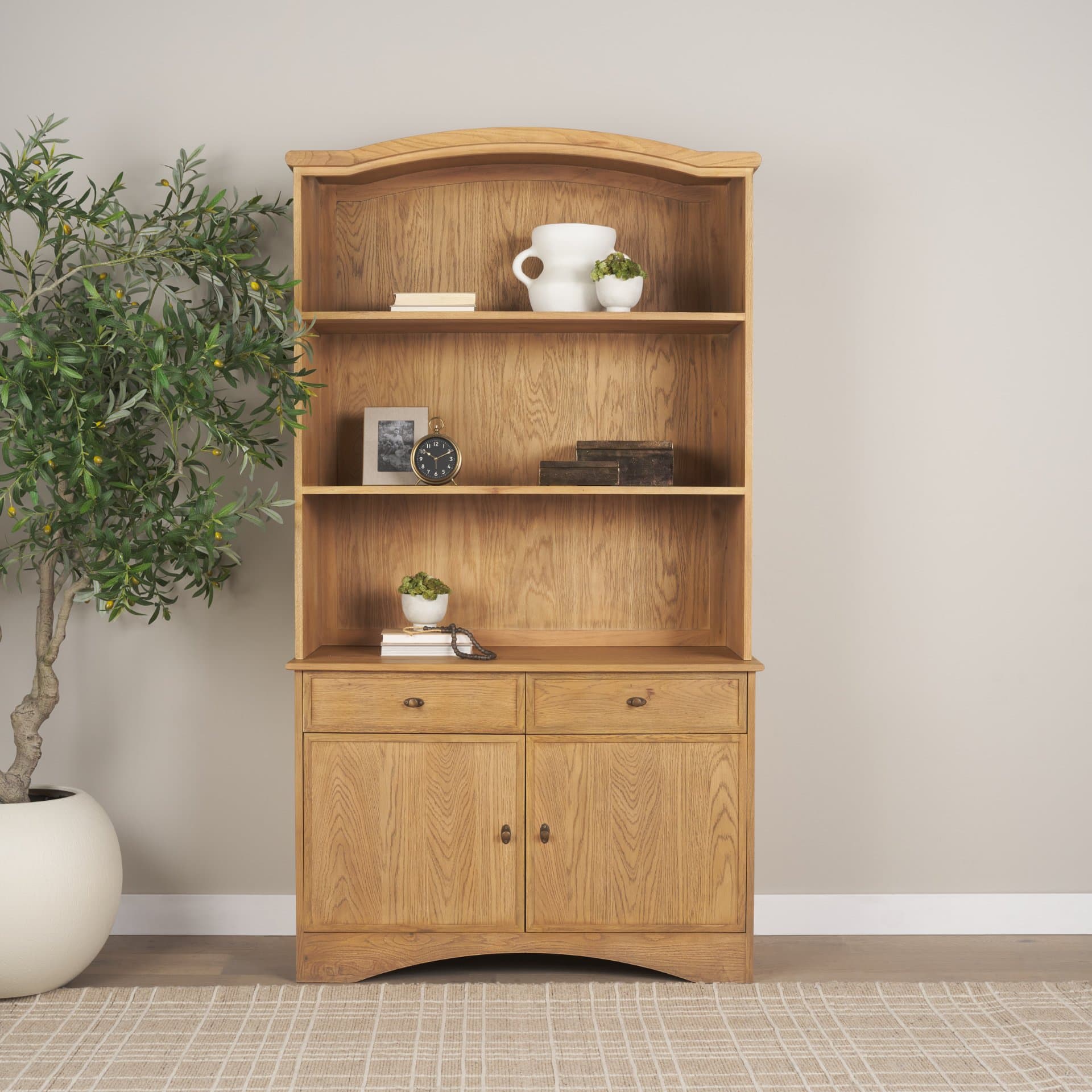 Carrington 85" Sideboard & Hutch | Brown Oak Wood w/ Brass Hardware — product photograph