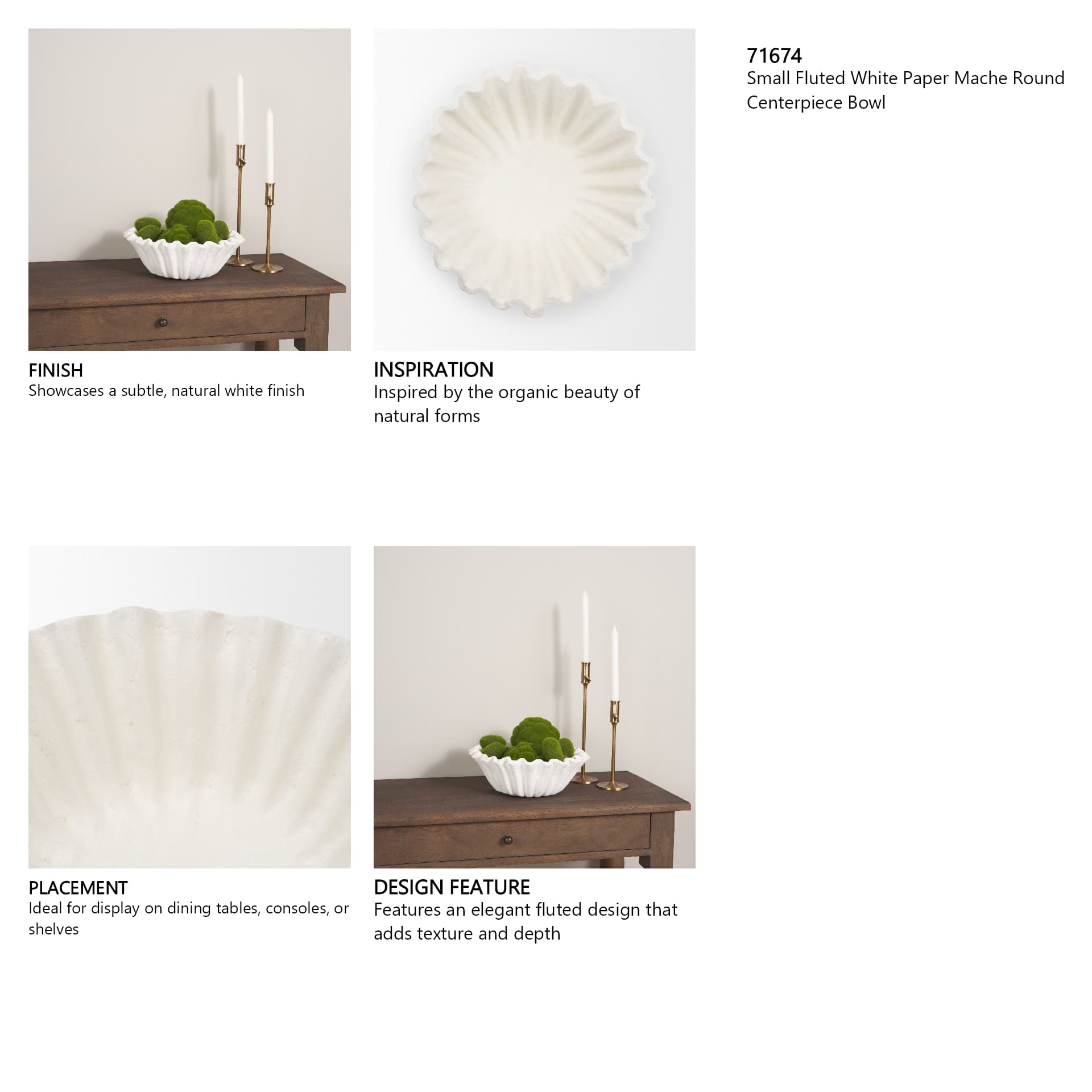 Camelia Small Fluted White Paper Mache Round Centerpiece Bowl — in a styled room