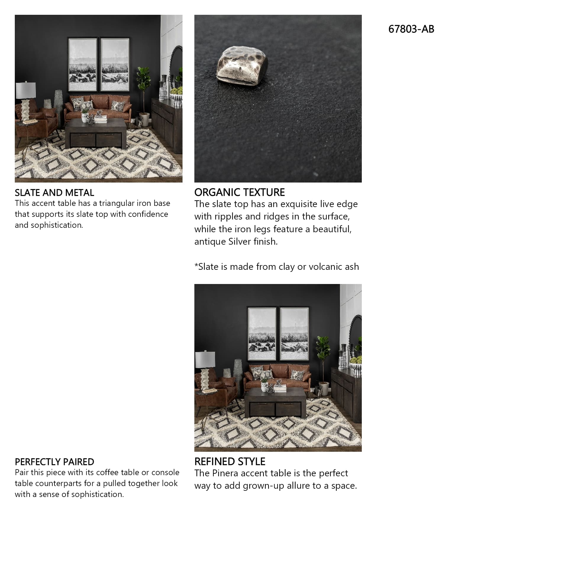 Pinera II 19L x 19W Black Slate Top W/ Triangular Iron Base Accent Table — in a styled room