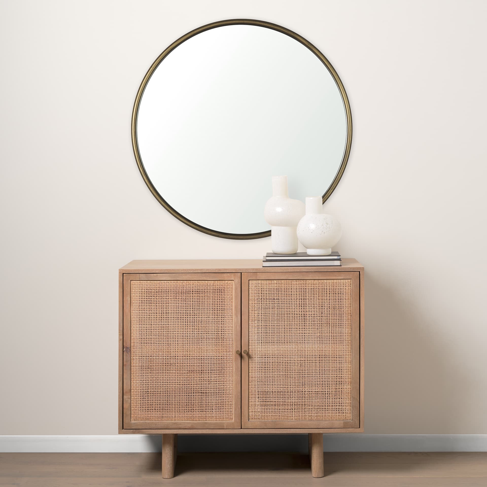 Piper 35.8L x 1.0W x 35.8H Small Gold Metal Round Wall Mirror — in a styled room