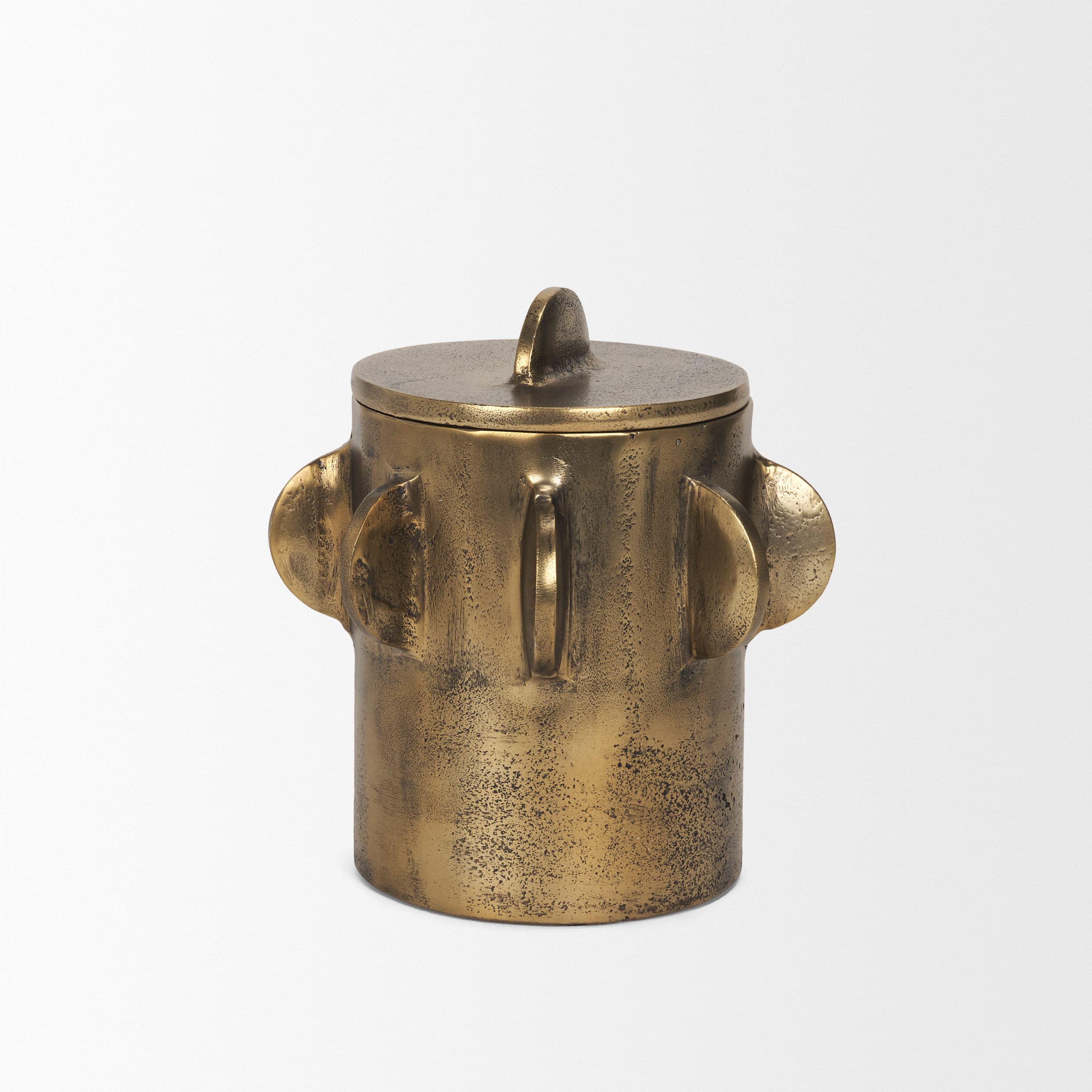 Deacon Small Antiqued Gold Metal Canister with Sculptural Handles — product photograph