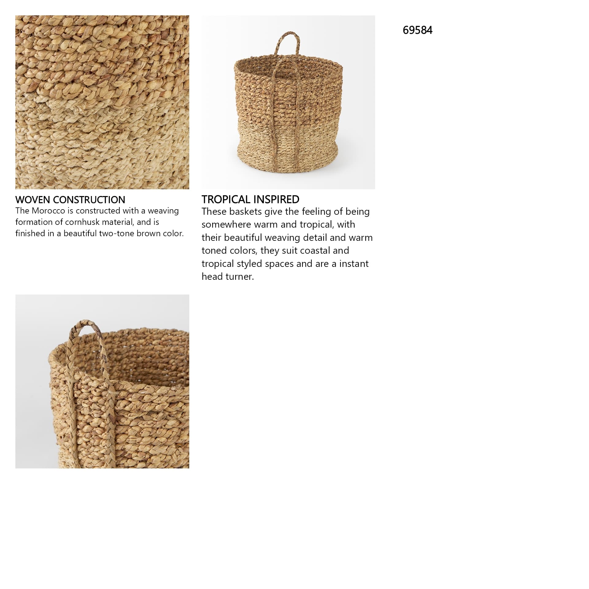 Morocco (Set of 3) Brown Two Tone Water Hyacinth and Cornhusk Round Basket W/ Handles — in a styled room
