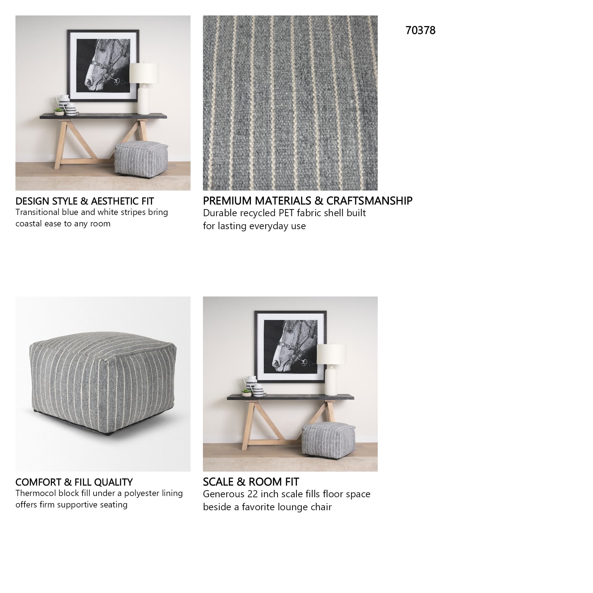 Kensie Large Blue Striped Pouf — in a styled room