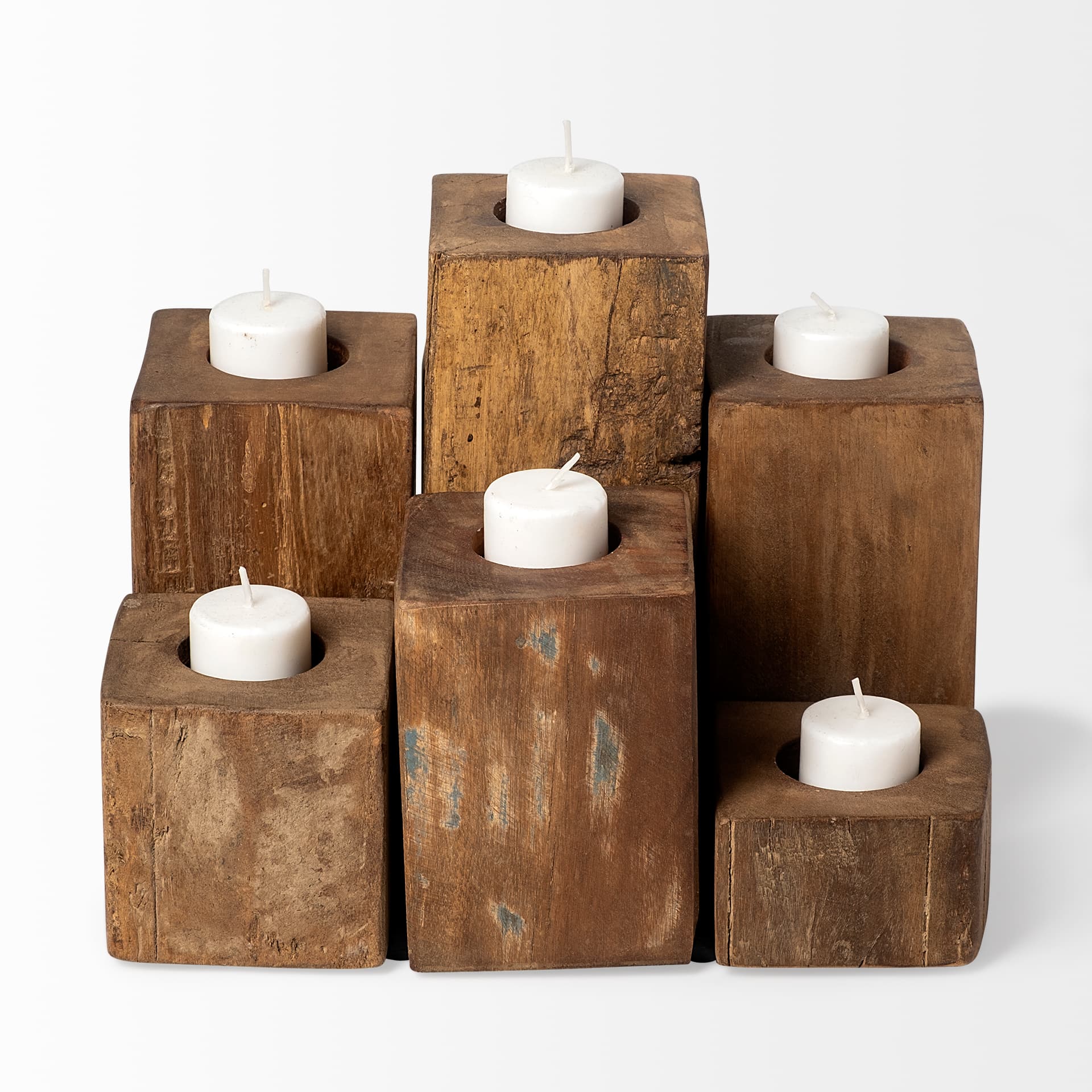 Cassius Light Brown Nine Wood Block Table Candle Holder — product photograph