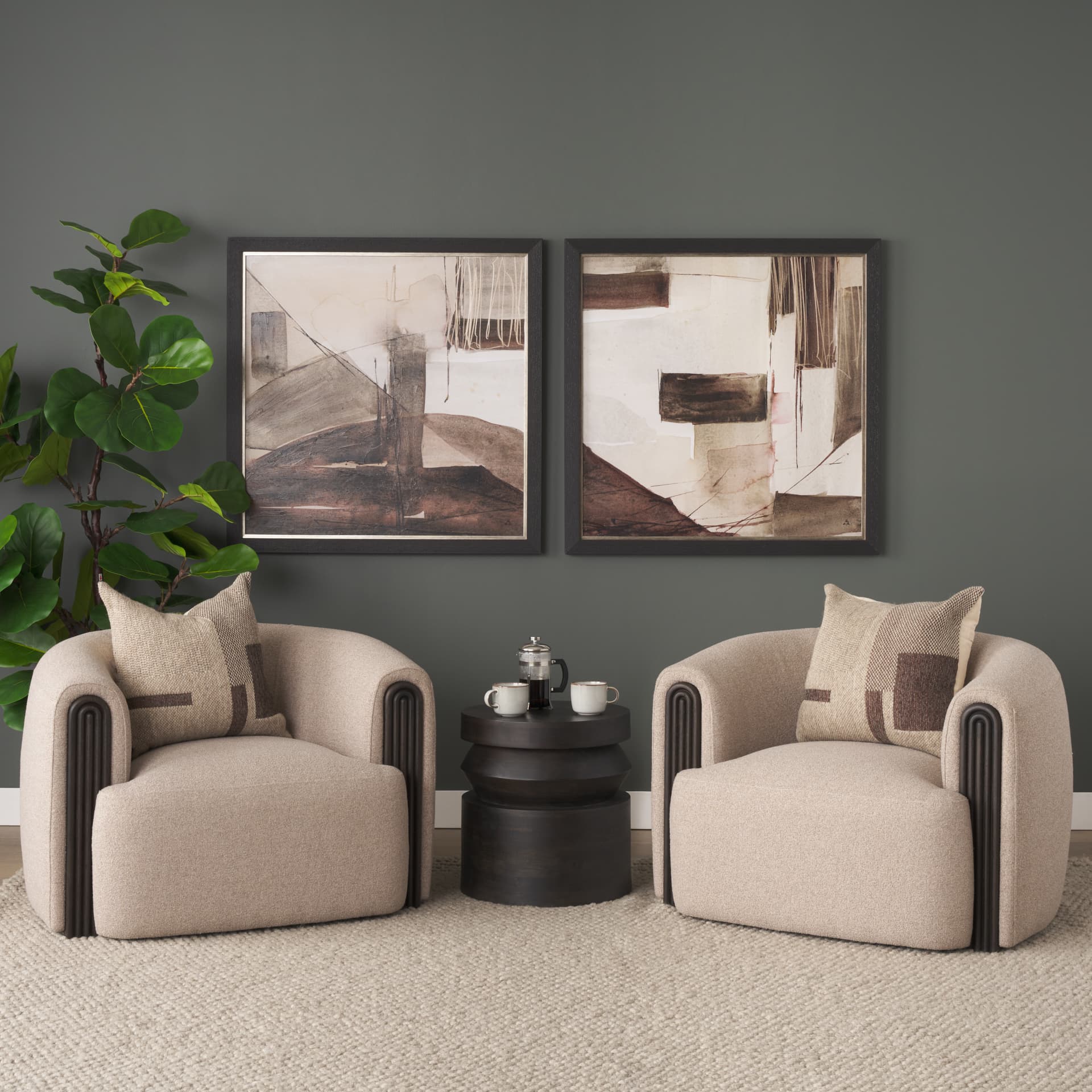 Rashama Dark Brown Wood Stacked Geometric Round Accent Table — in a styled room