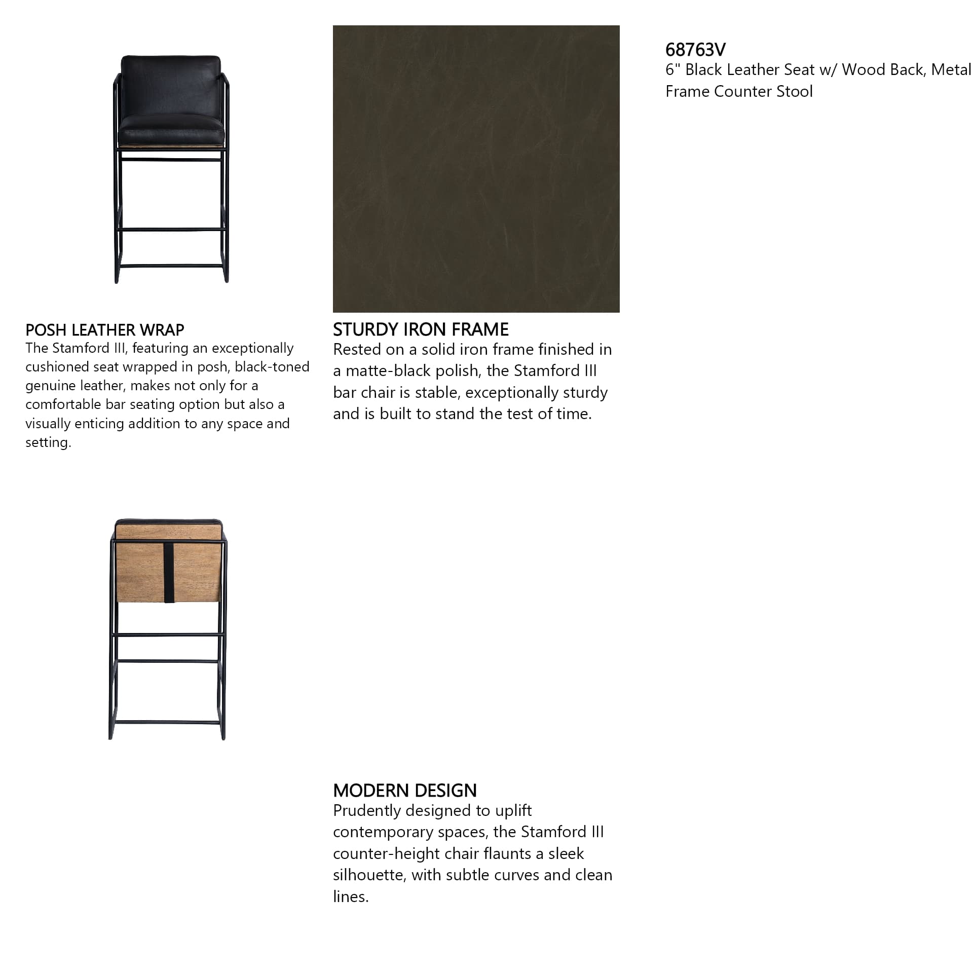Stamford Backless 36in Seat Counter Stool | Black Leather w/ Metal — product photograph