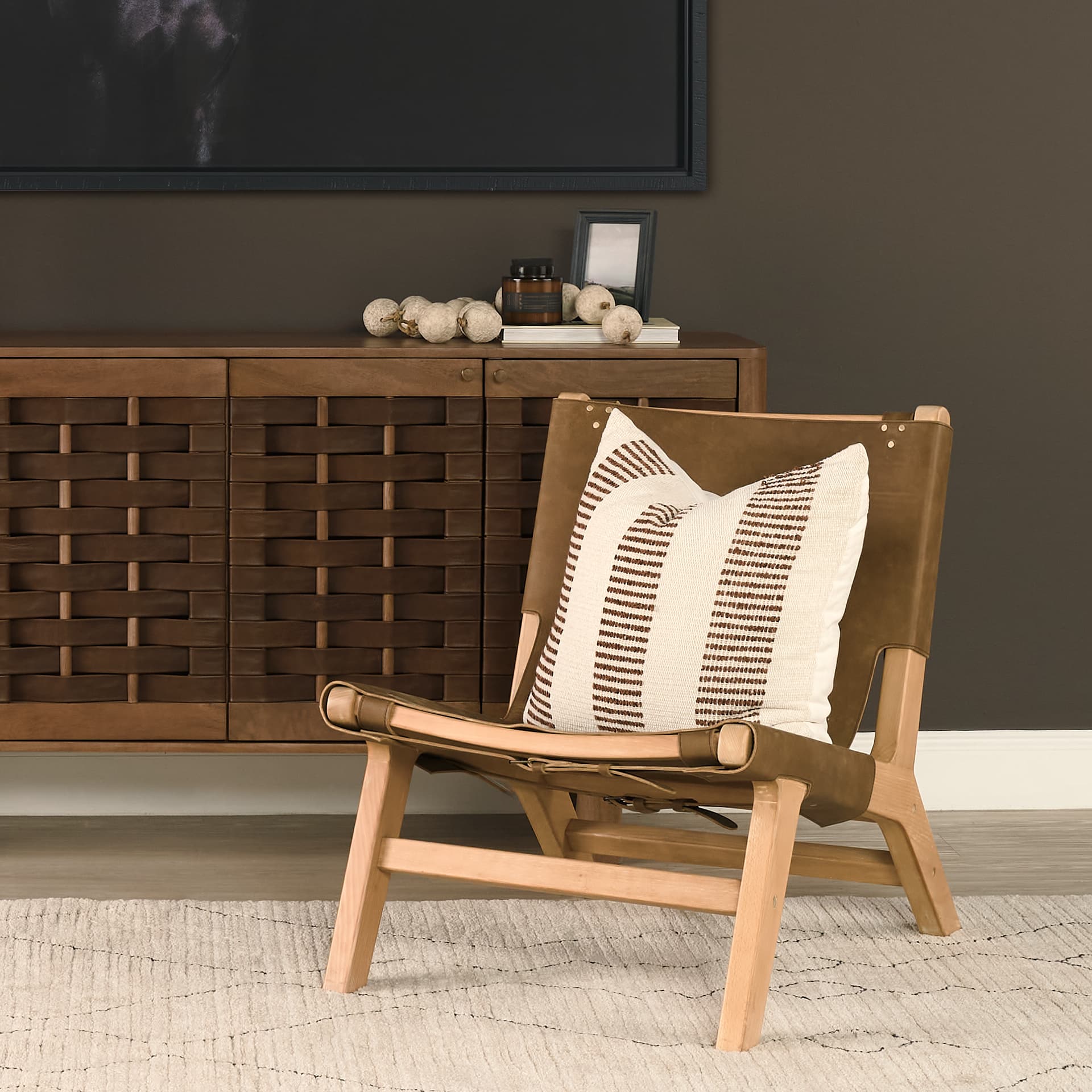 Elodie 24.4L x 33.9W x 30.7H Brown Leather W/Natural Beech Wood Frame Accent Chair — in a styled room