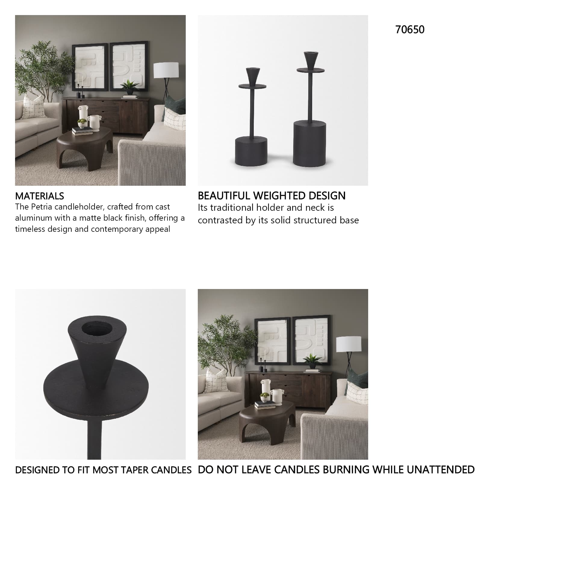 Petria Matte Black Textured Metal Taper Candle Holders — in a styled room