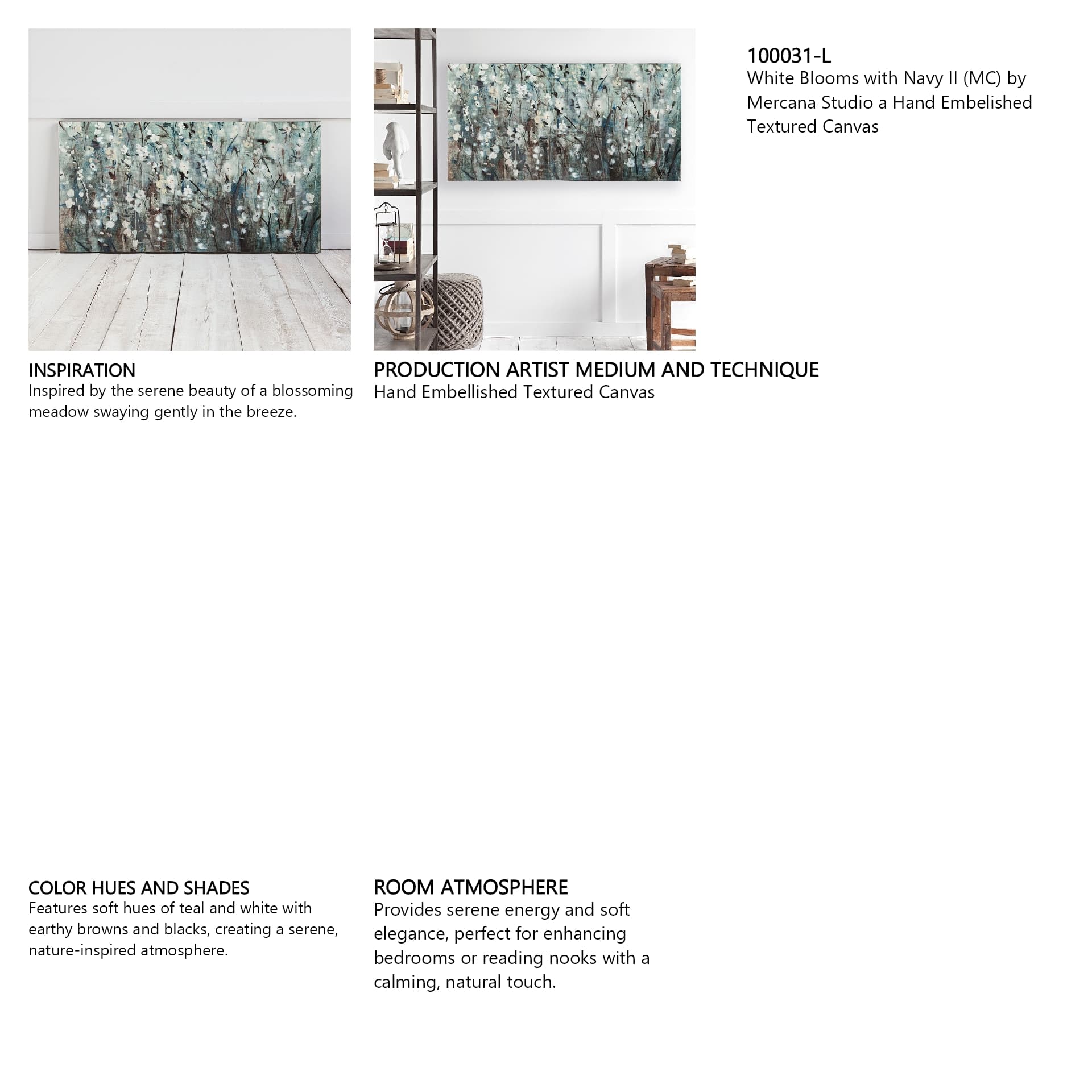 White Blooms with Navy II (MC) by Mercana Studio a Hand Embellished Textured Canvas — in a styled room