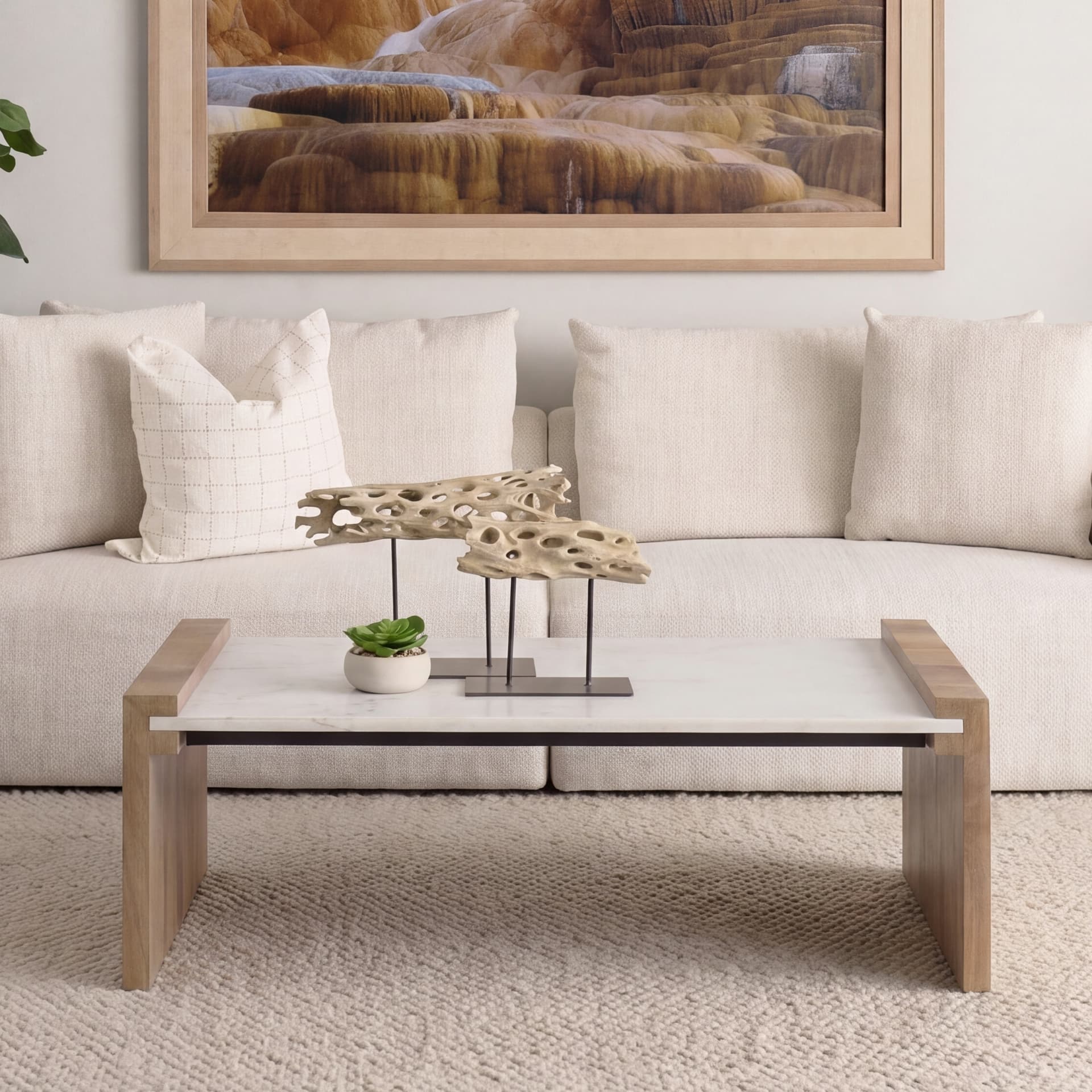 Athens 48.0L x 28.0W x 16.0H Light Brown Wood and White Marble Coffee Table — product photograph
