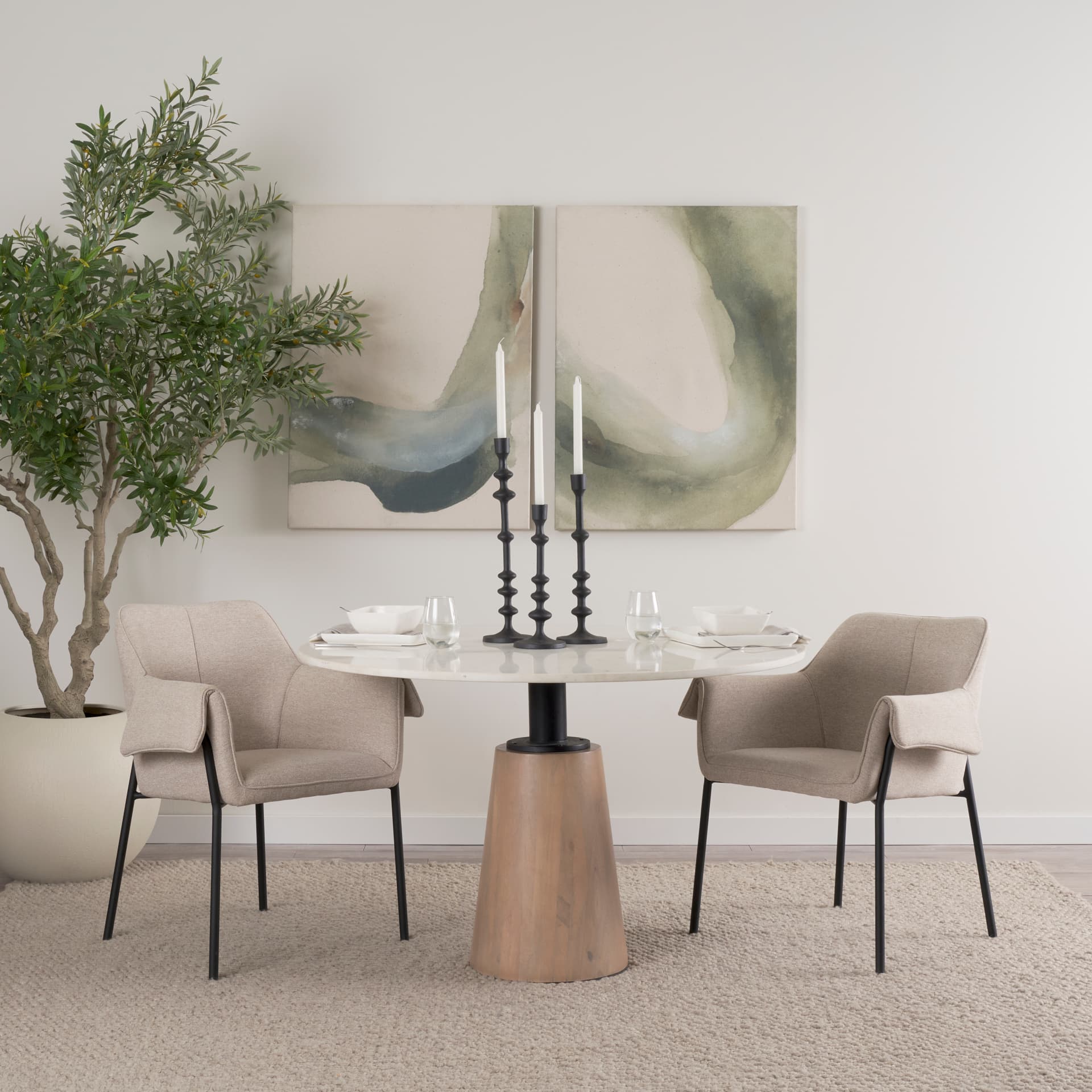 Brently Curved Back Dining Arm Chair | Oatmeal Fabric w/ Metal — product photograph