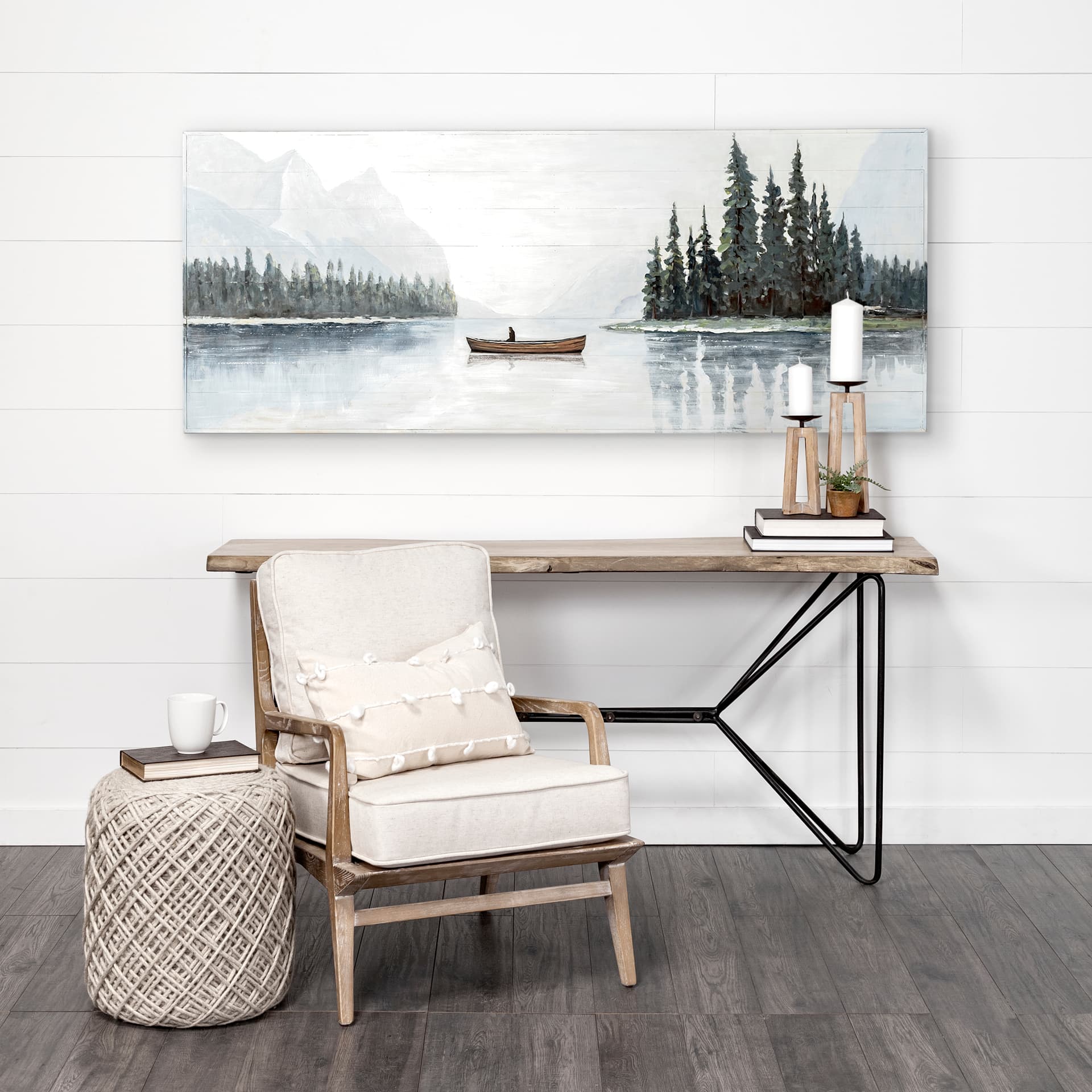 Solitude 72x30 Canoe on the Lake Original Hand Painted on Wood Oil Painting — in a styled room