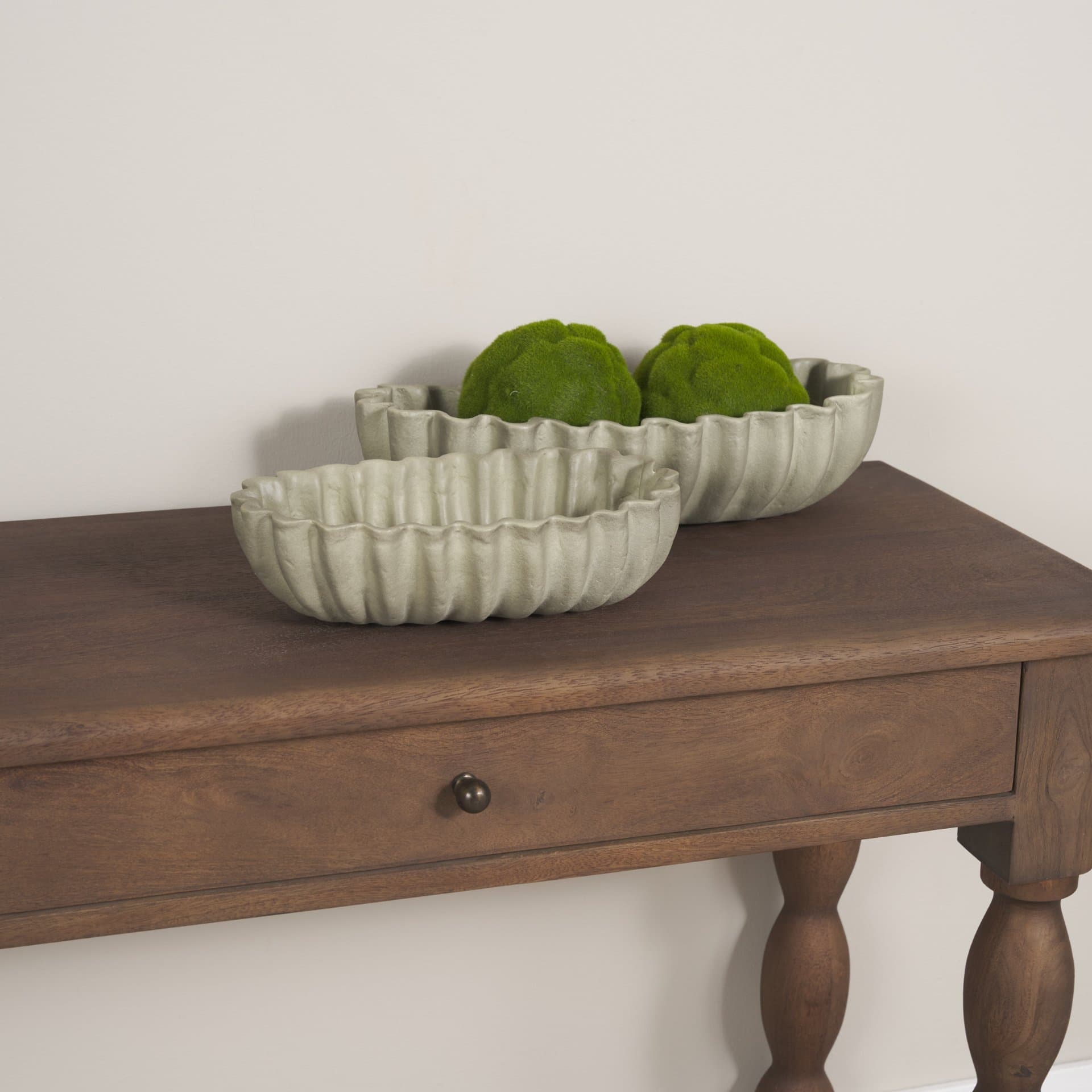 Camelia Large Fluted Sage Green Paper Mache Round Centerpiece Bowl — product photograph