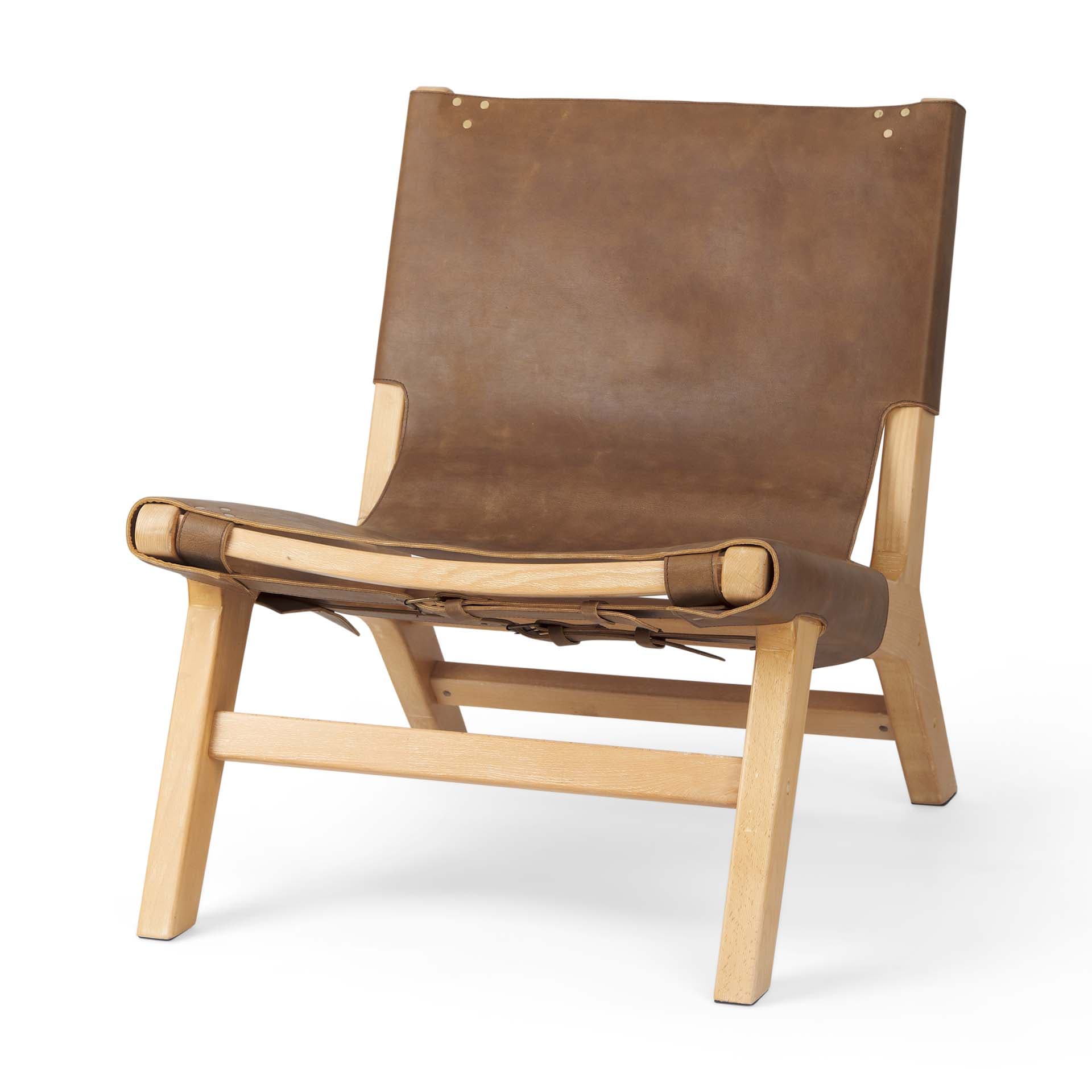 Elodie 24.4L x 33.9W x 30.7H Brown Leather W/Natural Beech Wood Frame Accent Chair — product photograph