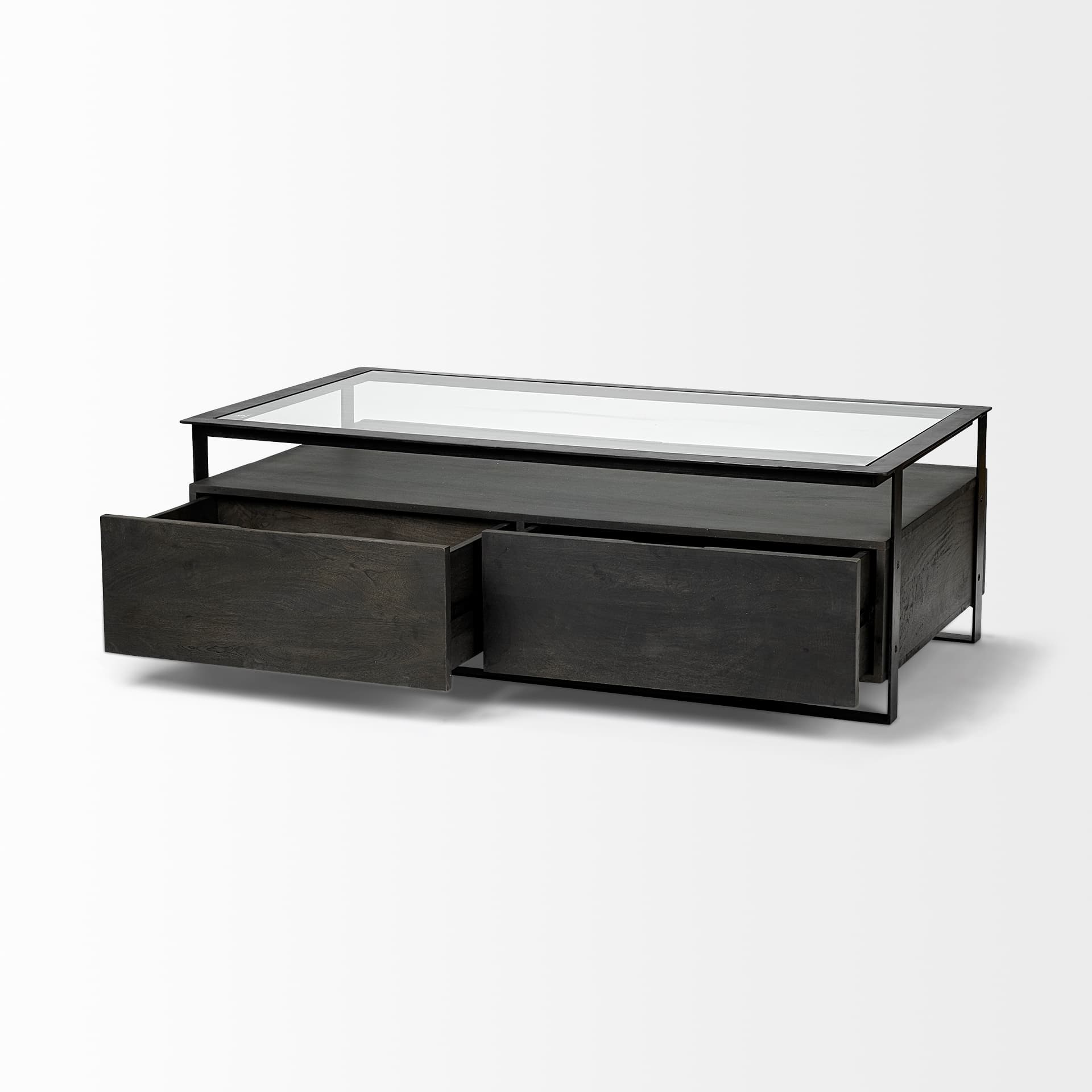 Vidro 54x30 Rectangular Glass Top Black Solid Wood Drawers & Black Frame Coffee Table — product photograph